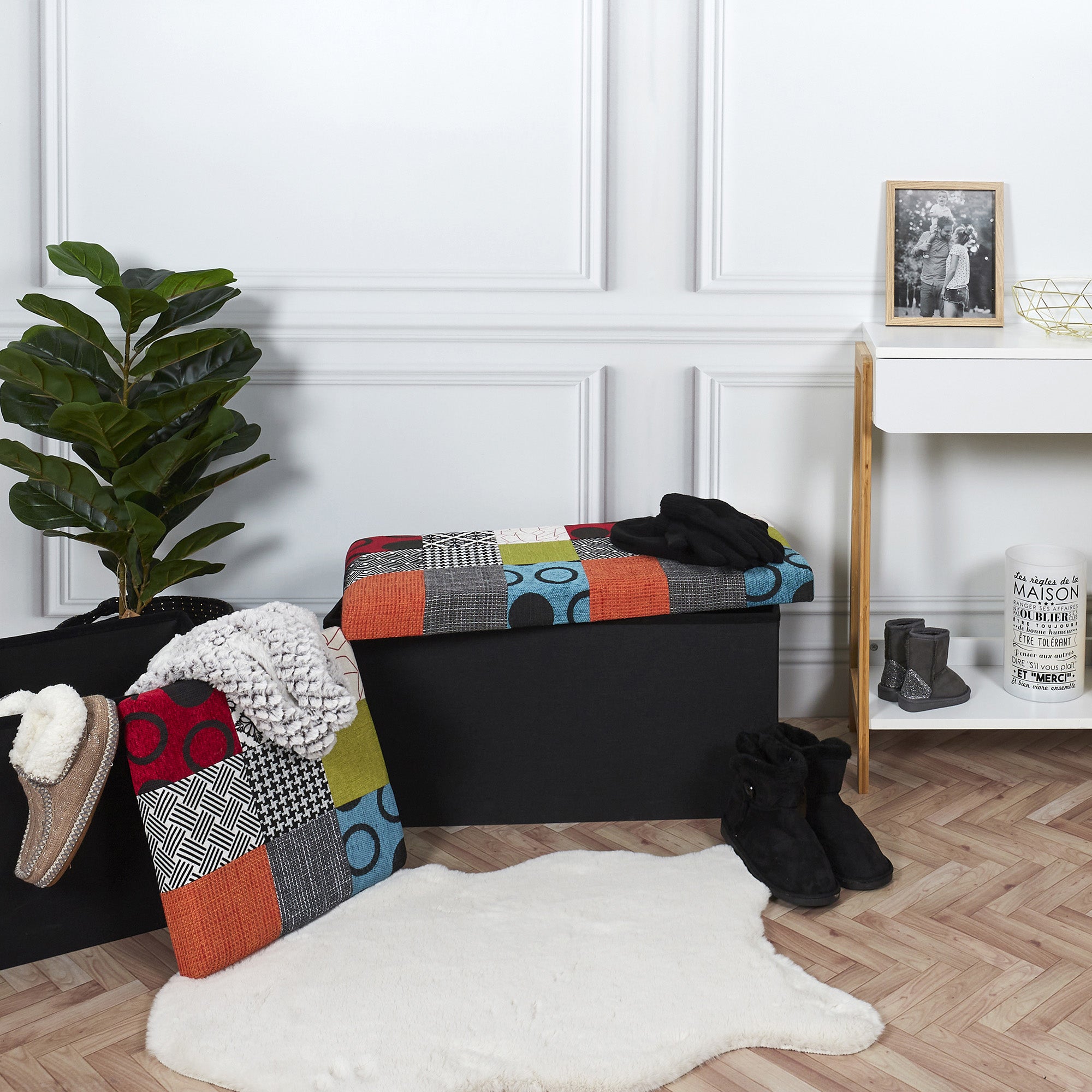 Puff Patchwork plegable almacenaje cuadrado multicolor (tonos negro)38x38 cm - 8
