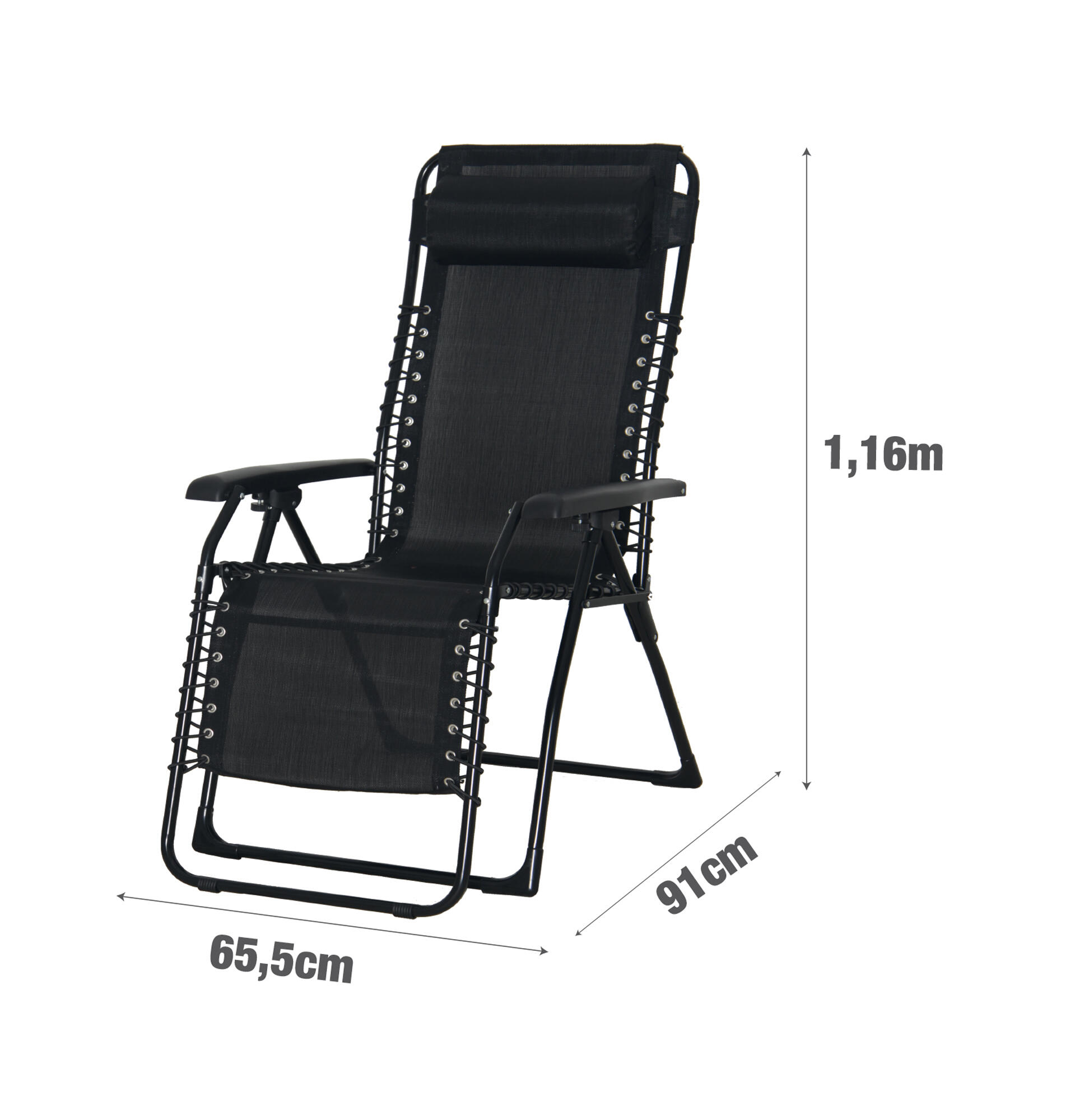 Sedia a sdraio da giardino con cuscino nero e braccioli Zero Gravity struttura in acciaio nero, seduta in textilene nero - 22