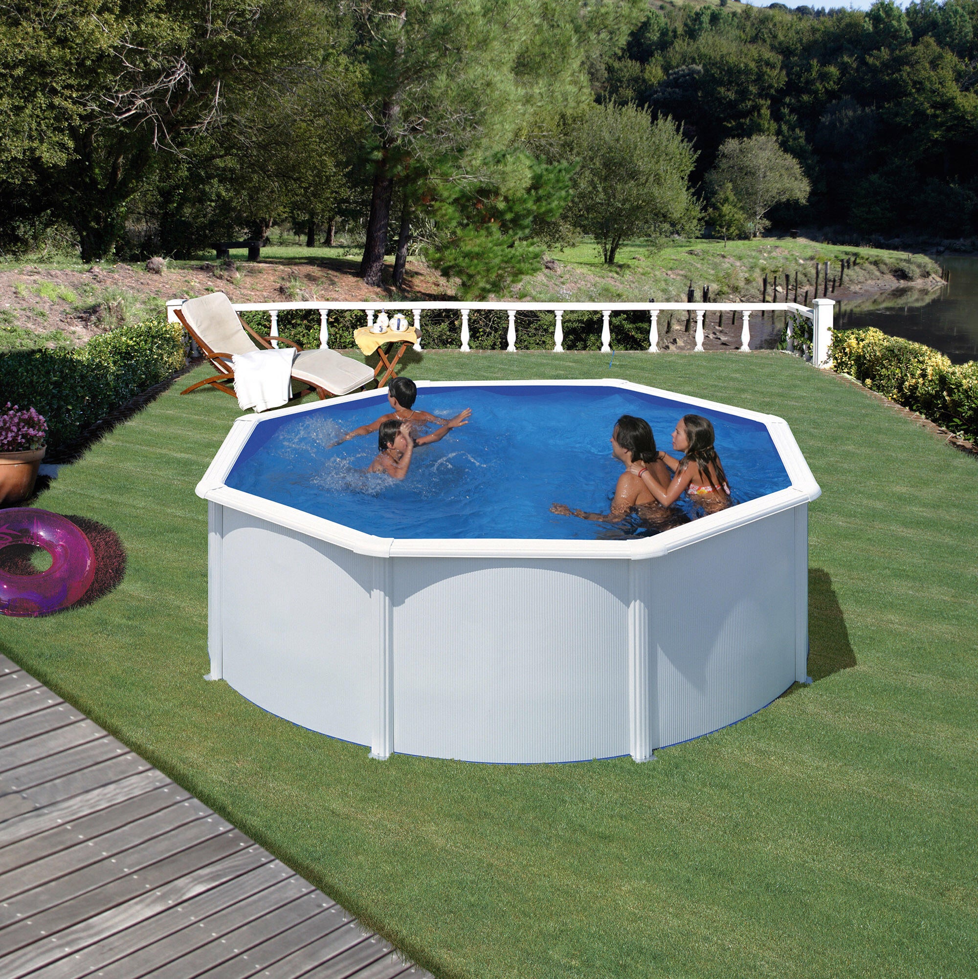 Piscina elevada de acero blanco redonda ø 3x3x1.2 m con depuradora de arena y escalera de seguridad GRE - 5