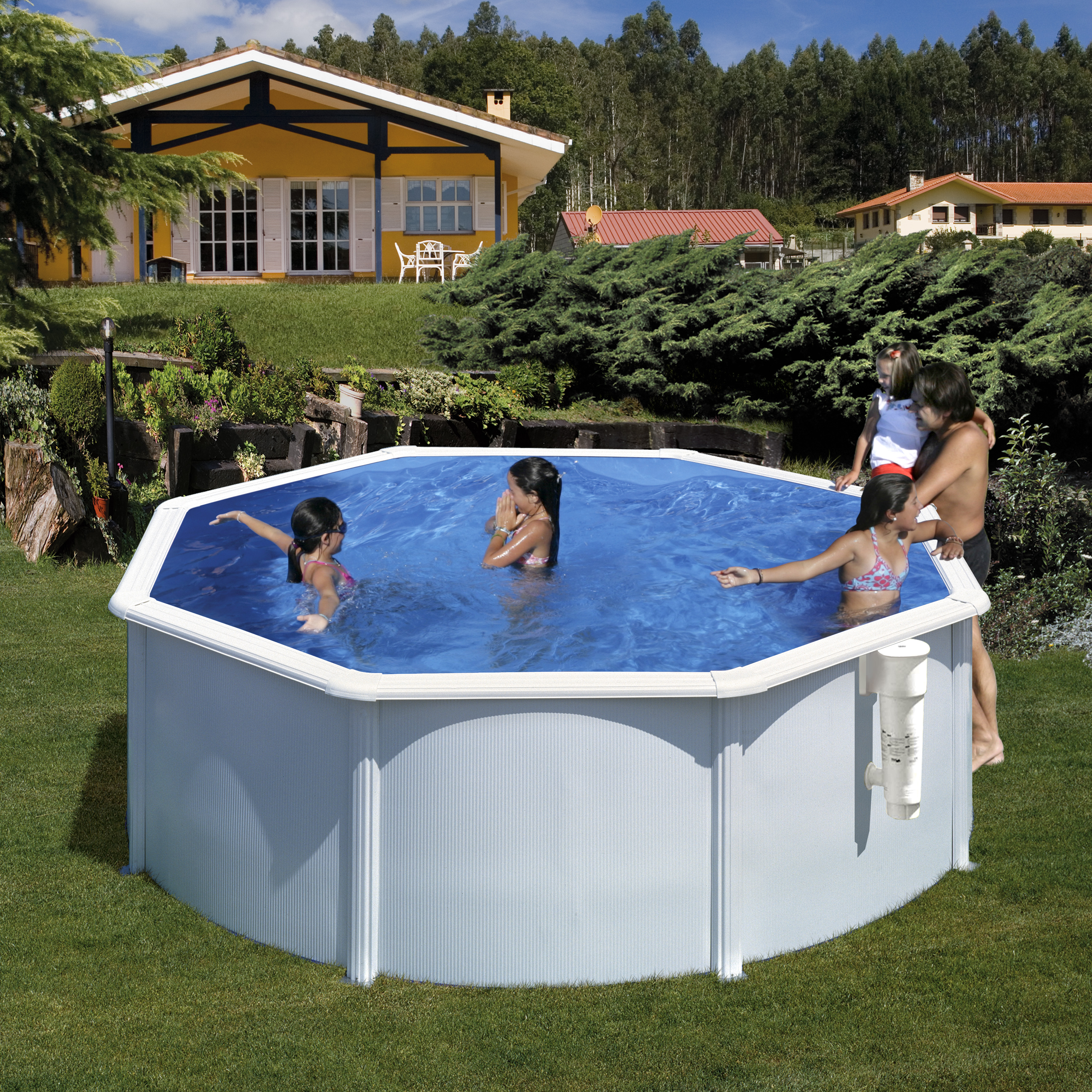 Piscina elevada de acero galvanizado blanco redonda ø 3x3x1.2 m con depuradora de cartucho y escalera de seguridad GRE - 5