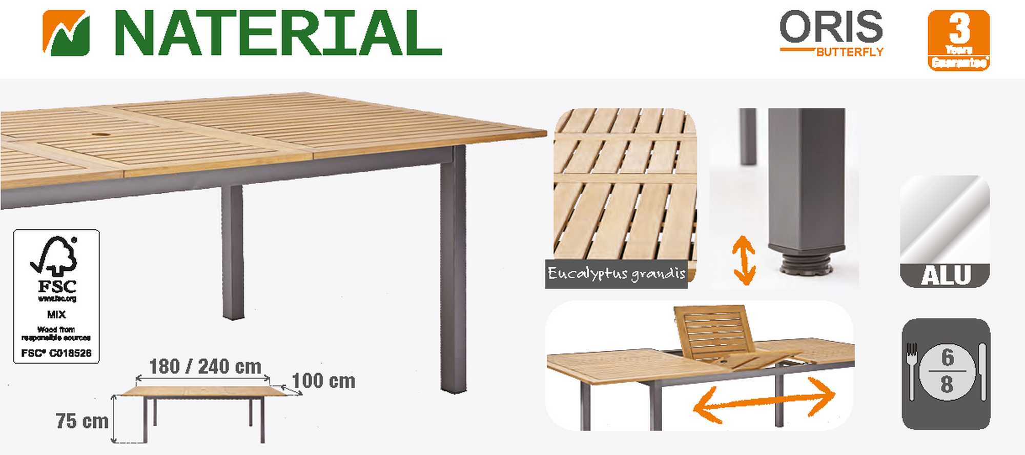 Mesa de alumínio NATERIAL ORIS BUTTERFLY 180/240CM - 10