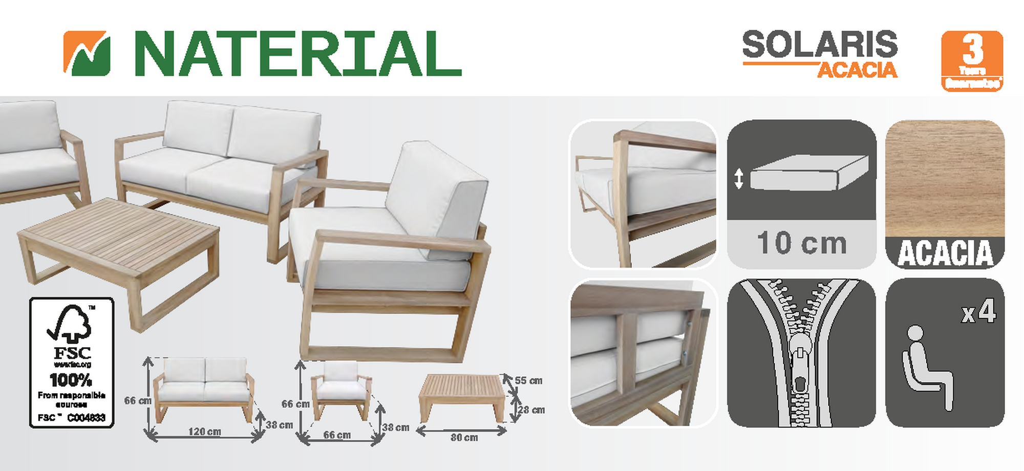 Conjunto jardim relax sofá e mesa Acácia Solaris Naterial - 12