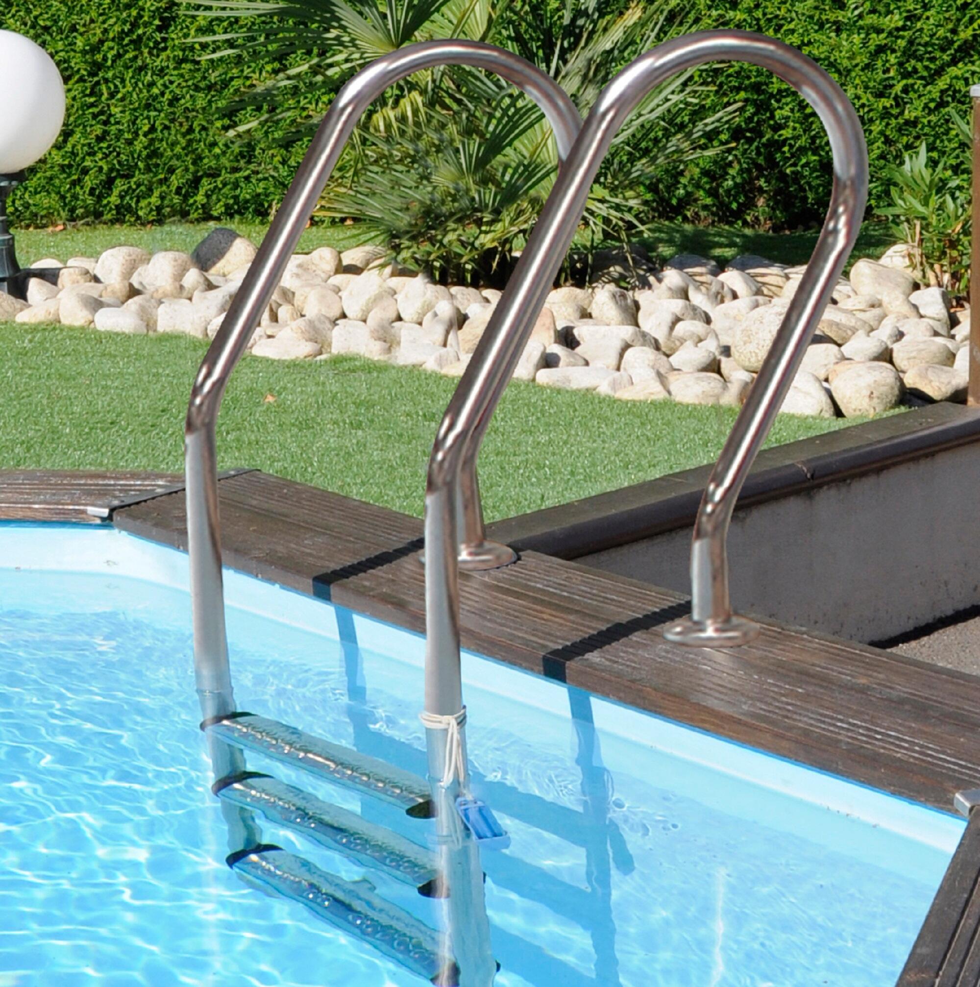 Piscina elevada de madera marrón redonda 3.43x3.43x1.16 m con depuradora de arena y escalera de tijeras GRE - 19