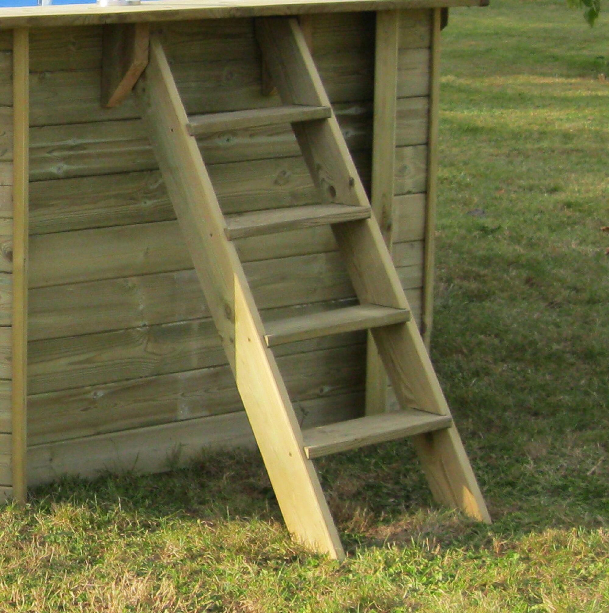 Piscina elevada de madera marrón redonda 3.43x3.43x1.16 m con depuradora de arena y escalera de tijeras GRE - 7