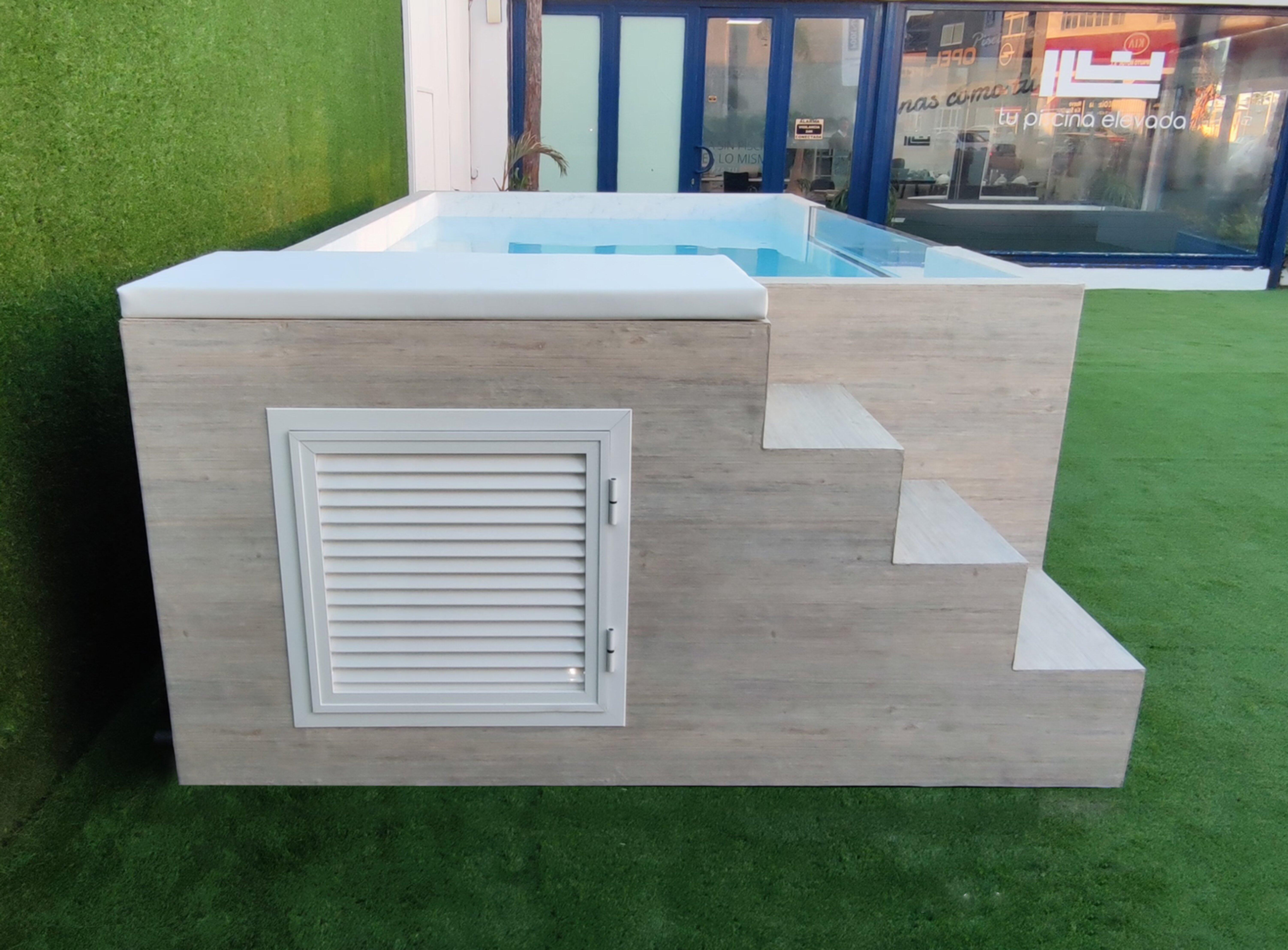 Piscina elevada de acero galvanizado amarilla rectangular 3x2x0.95 m con depuradora de arena y escalera de seguridad QP - 6