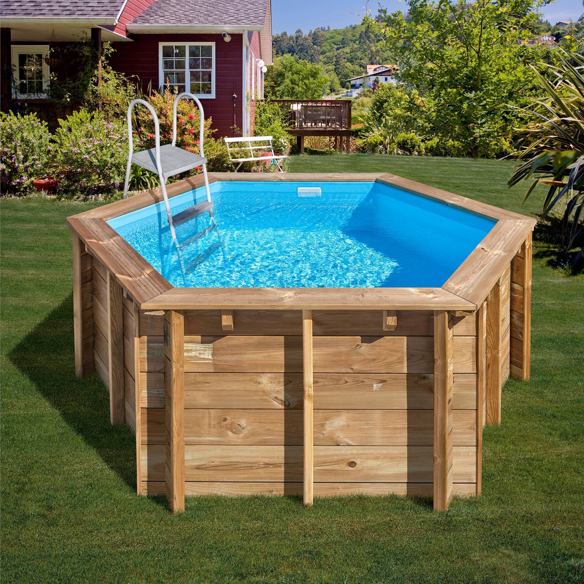 Piscina elevada de madera marrón redonda 2.42x2.42x1.04 m con depuradora de esferas de polímero y escalera de tijeras GRE - 17