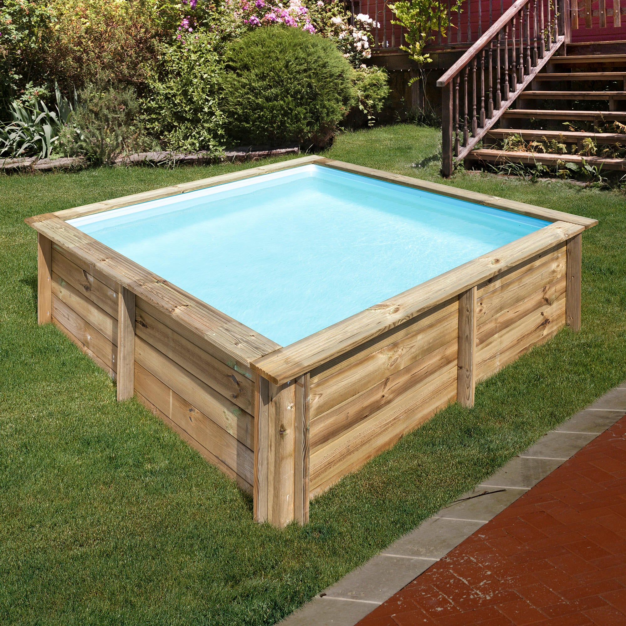 Piscina elevada de madera marrón cuadrada 2x2x0.68 m con depuradora de cartucho GRE - 12