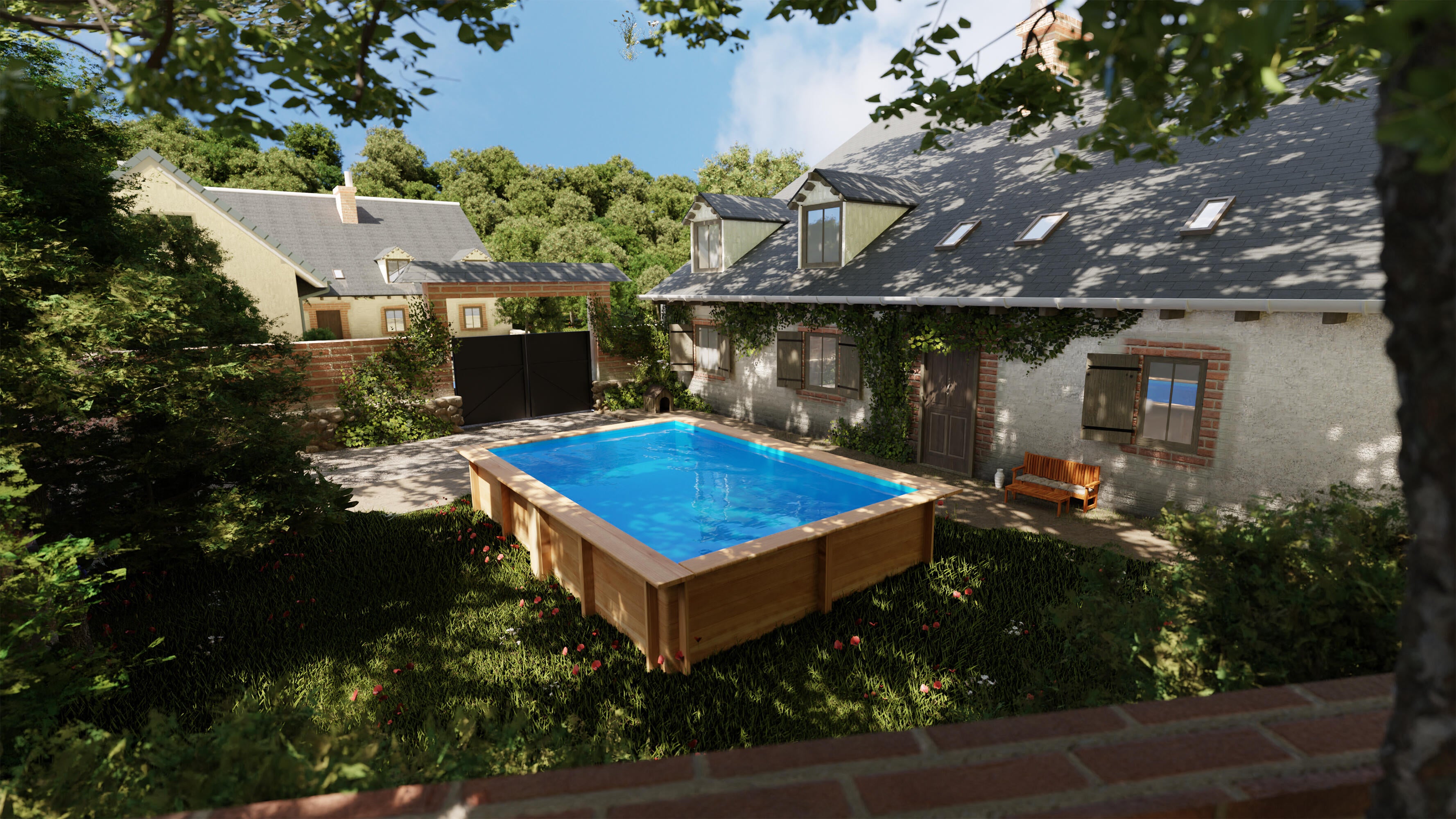 Piscina elevada de madera marrón rectangular 3.5x1.75x0.65 m con depuradora de cartucho GRE - 13