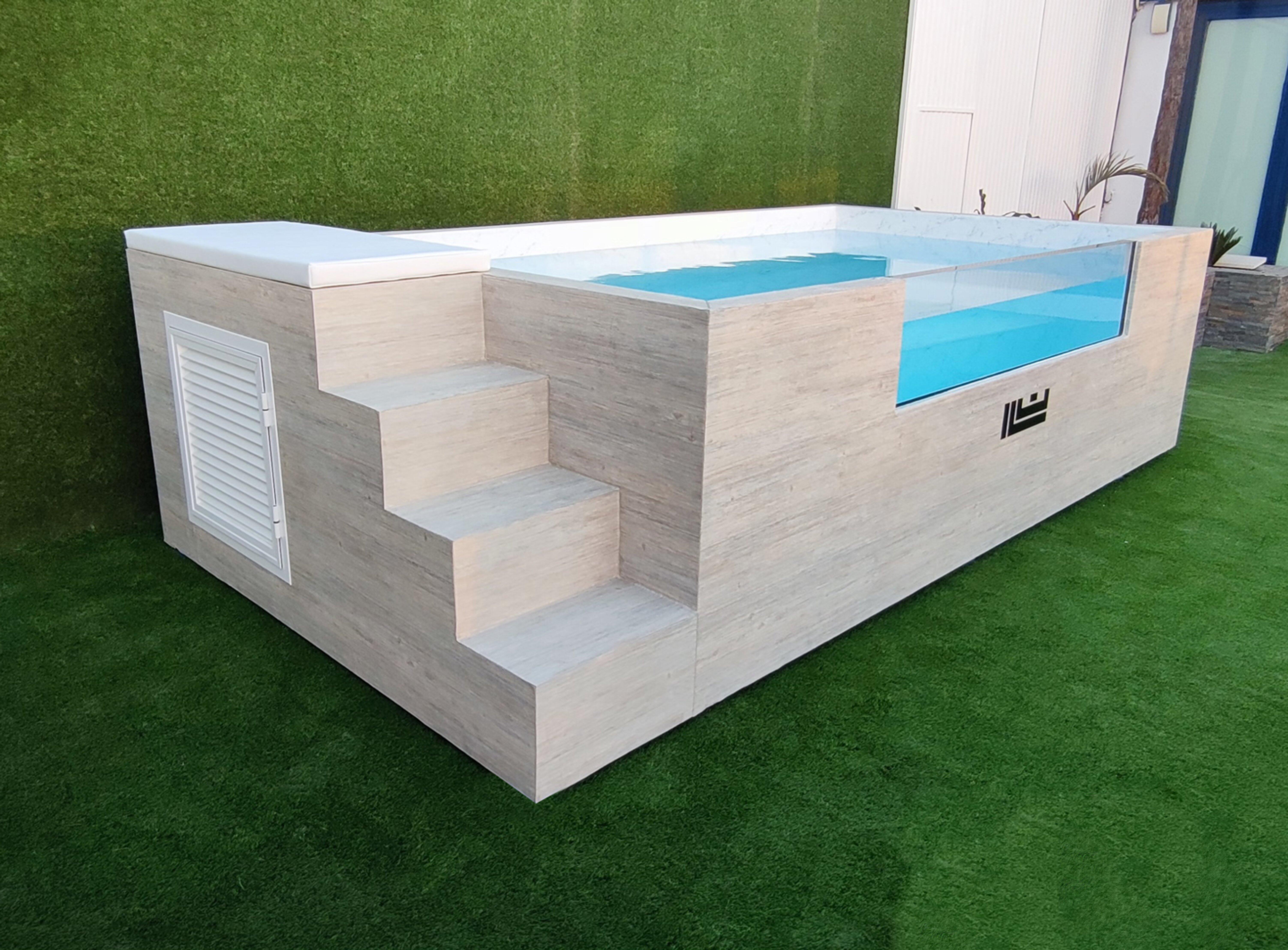 Piscina elevada de acero galvanizado amarilla rectangular 3x2x0.95 m con depuradora de arena y escalera de seguridad QP - 4