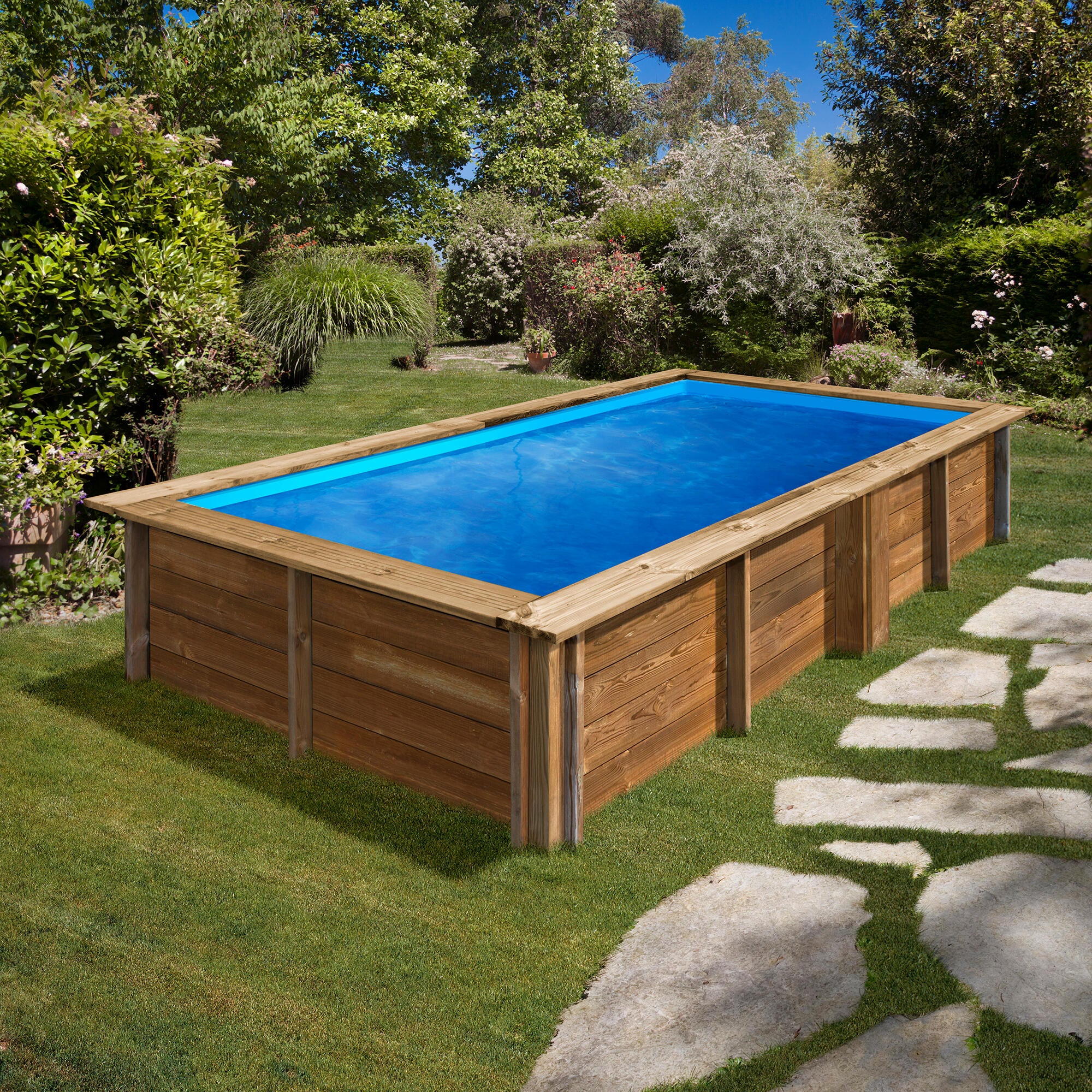 Piscina elevada de madera marrón rectangular 3.5x1.75x0.65 m con depuradora de cartucho GRE - 12