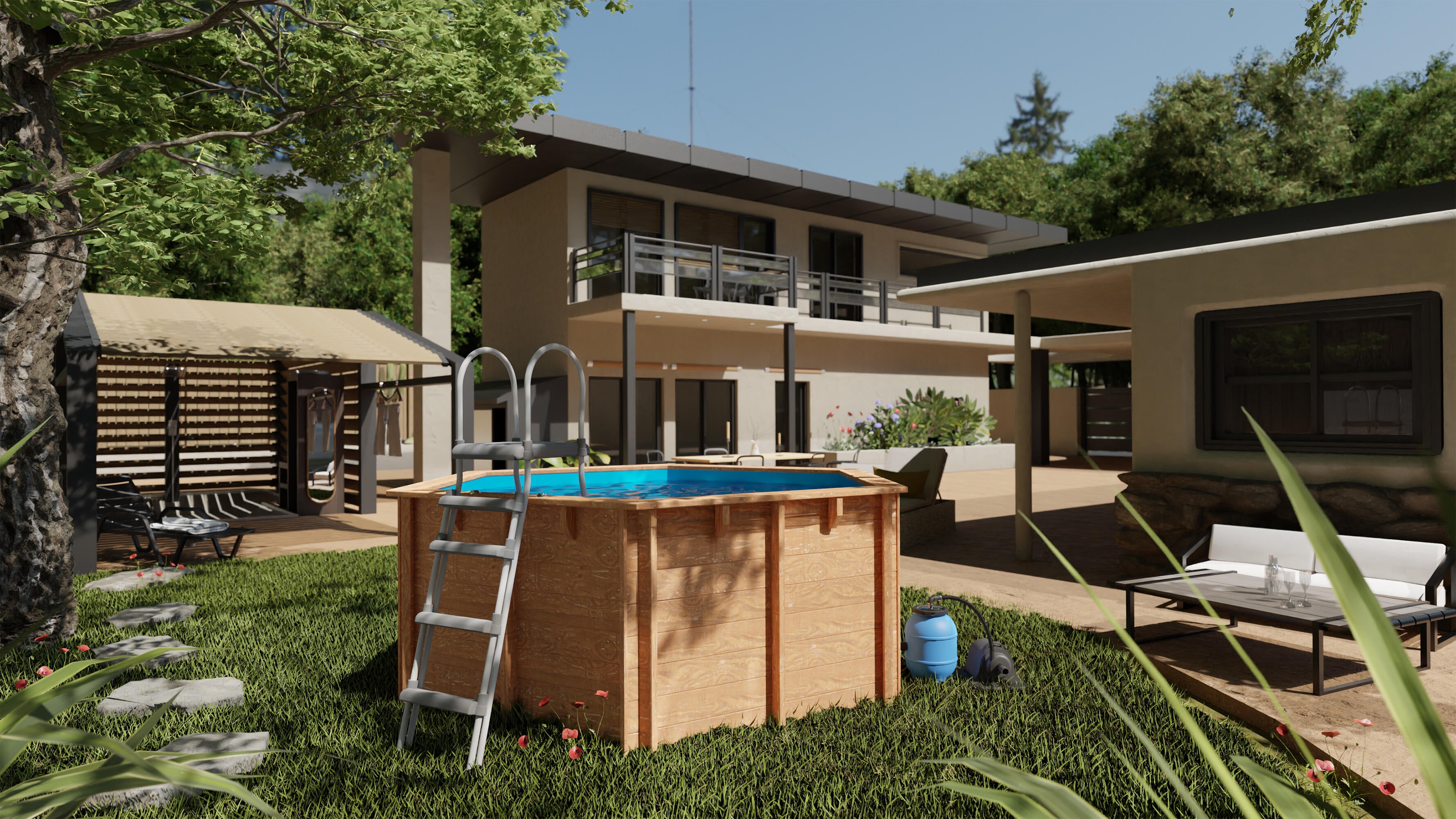 Piscina elevada de madera marrón redonda 2.42x2.42x1.04 m con depuradora de esferas de polímero y escalera de tijeras GRE - 16