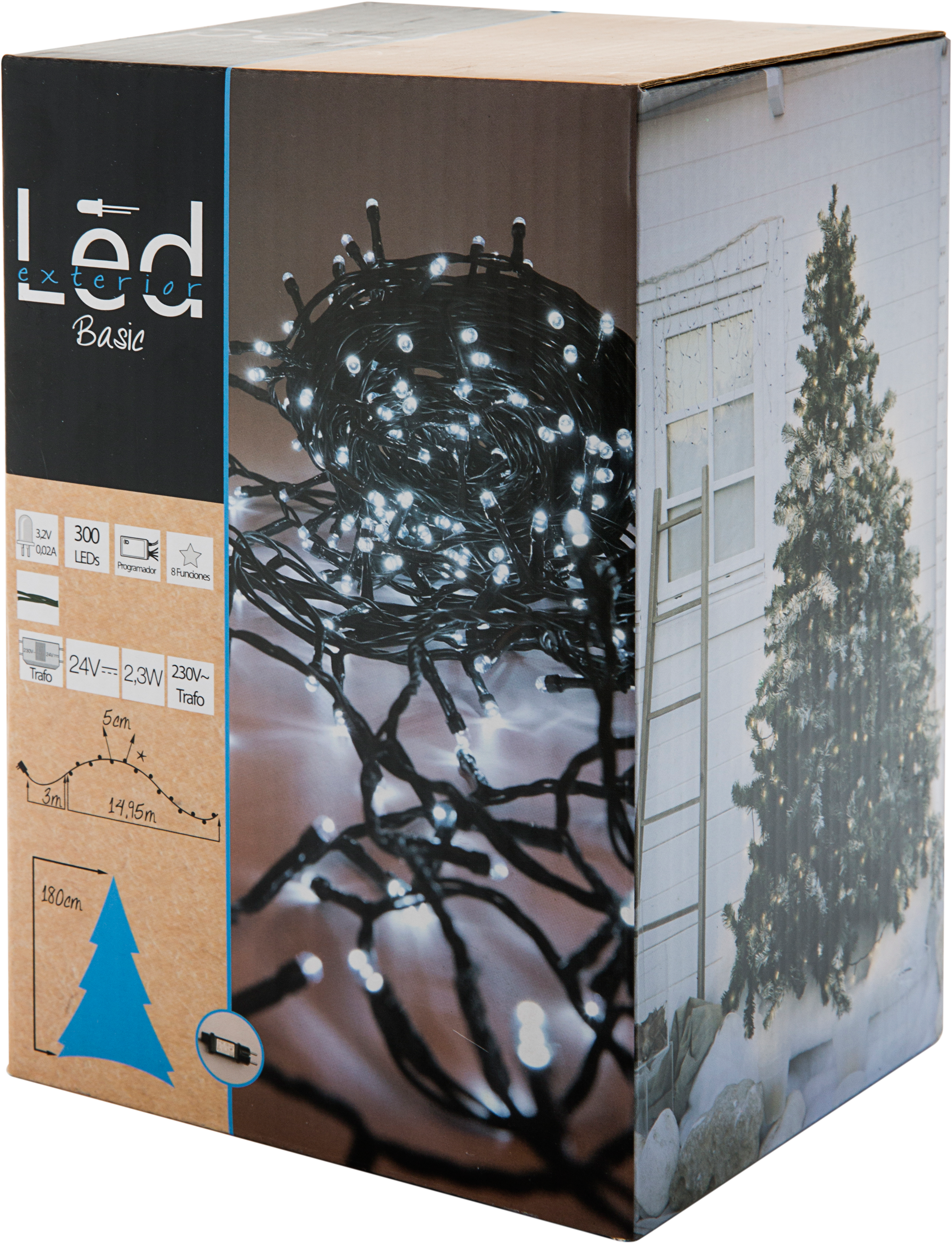 Guirnalda iluminada para árbol de 180 cm con 300 bombillas LED blanco de 17.95 metros de iluminación para exterior con transformador - 6