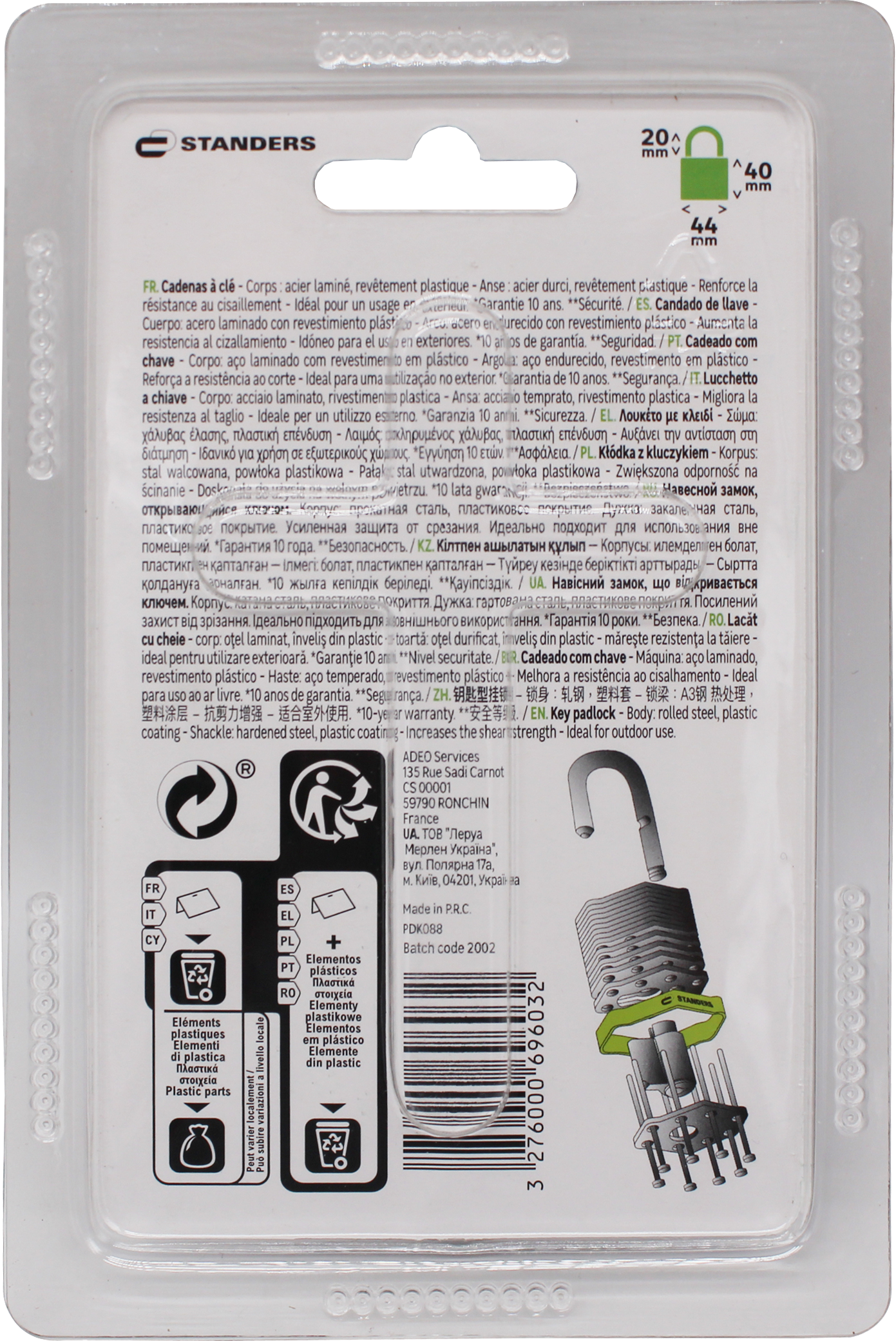 Candado con llave con cuerpo hierro y asa de acero cromado 43,5x40 mm STANDERS - 7