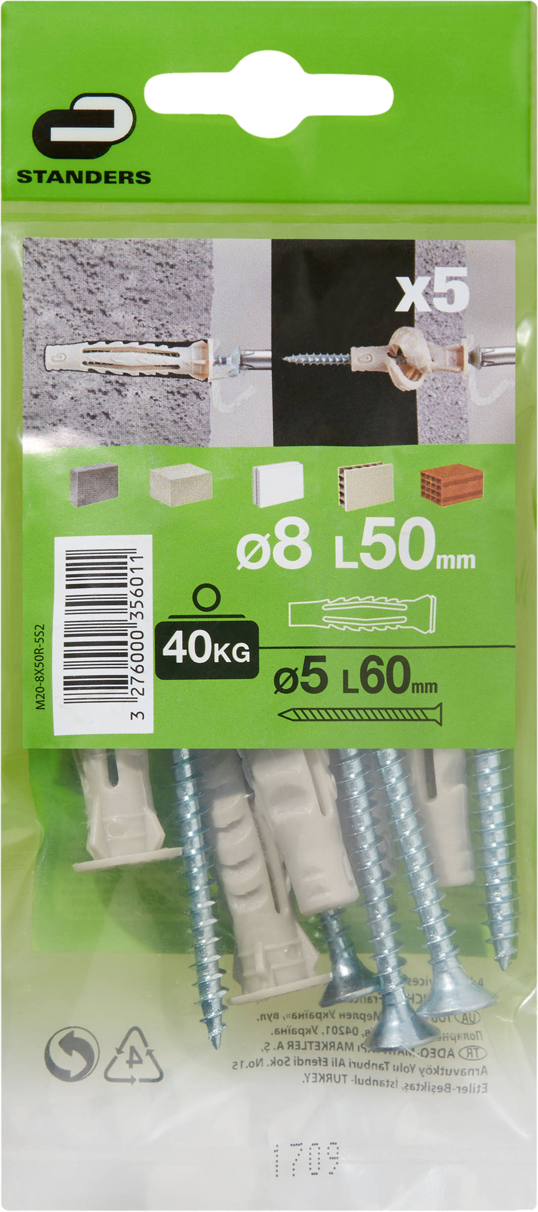 5 tacos + tornillos multimaterial STANDERS, ø 8 x L. 50 mm - 10