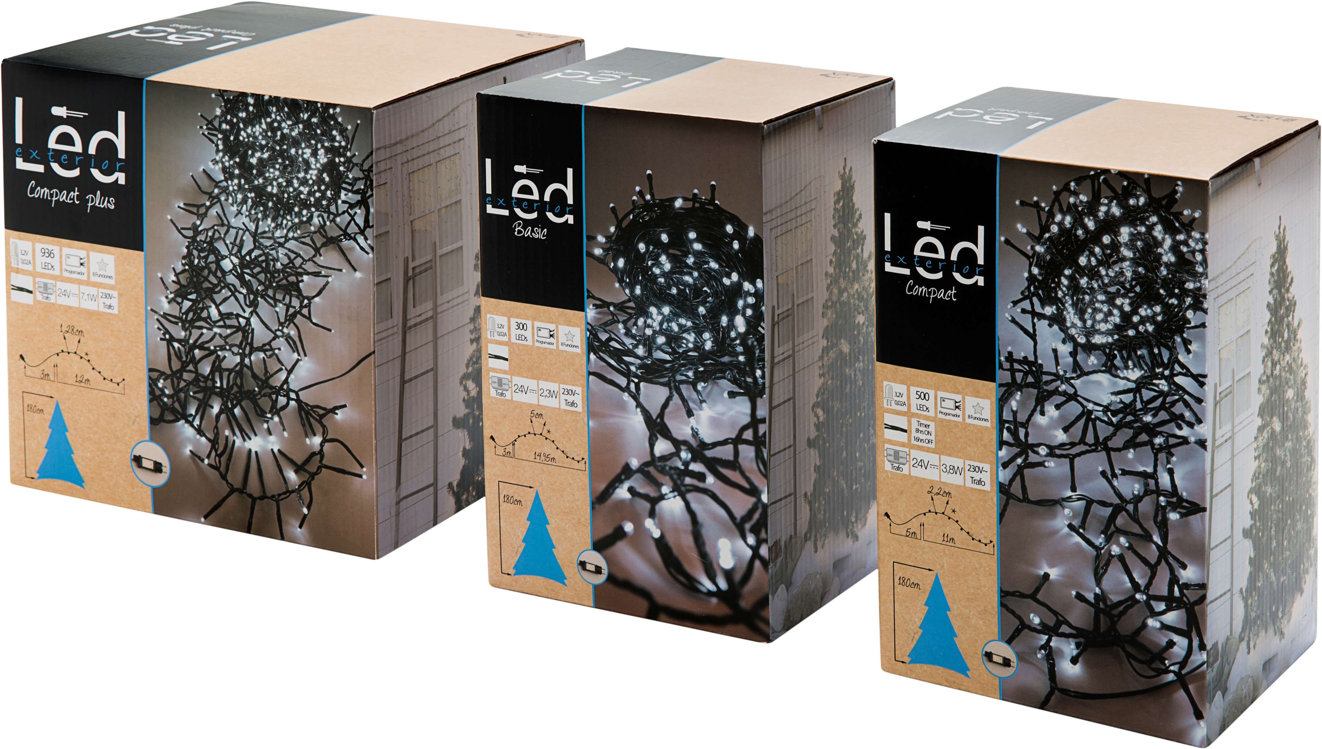 Guirnalda iluminada para árbol de 180 cm con 300 bombillas LED blanco de 17.95 metros de iluminación para exterior con transformador - 5