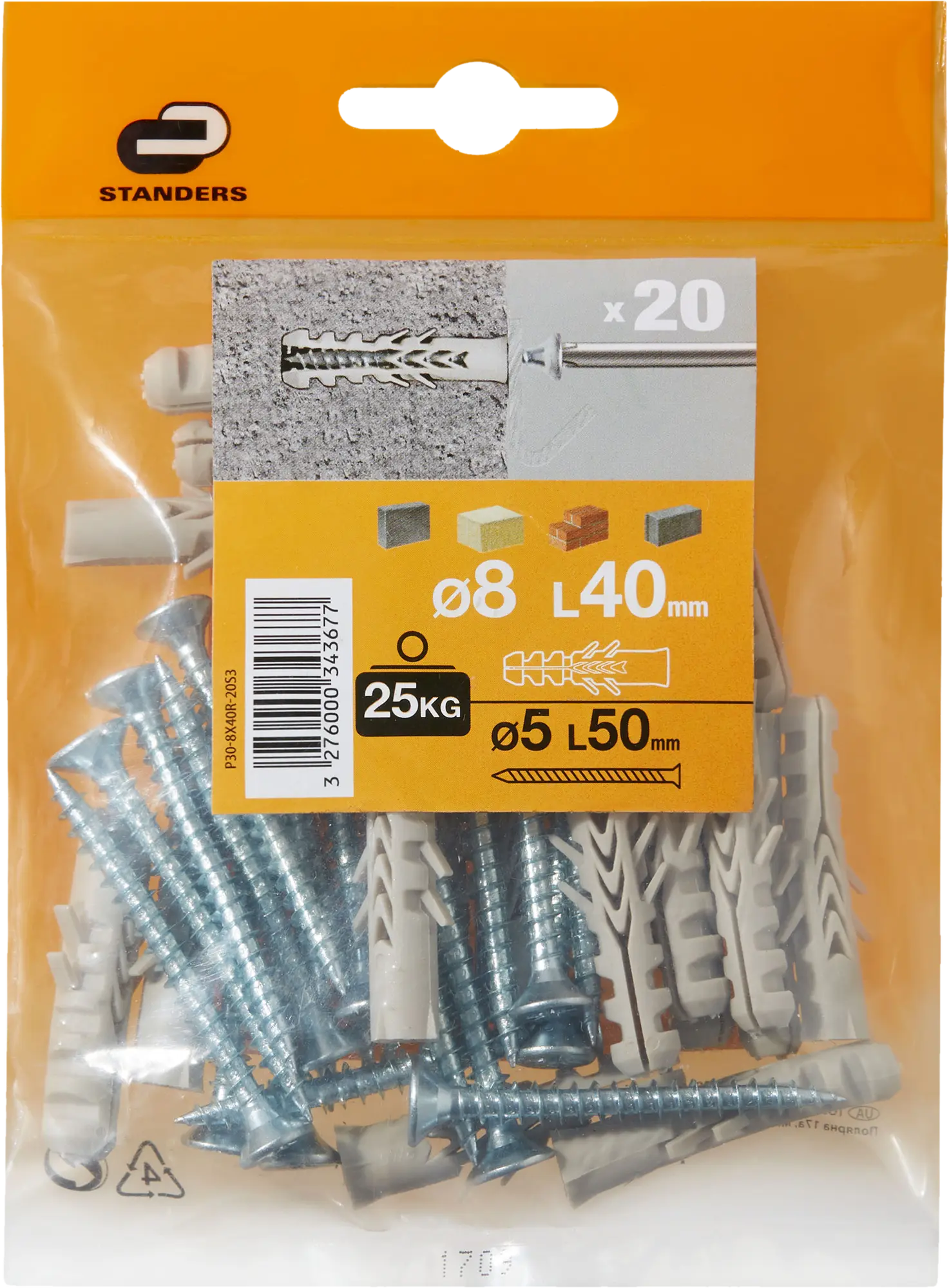 20 buchas com parafuso STANDERS NYLON 8X40MM - 6