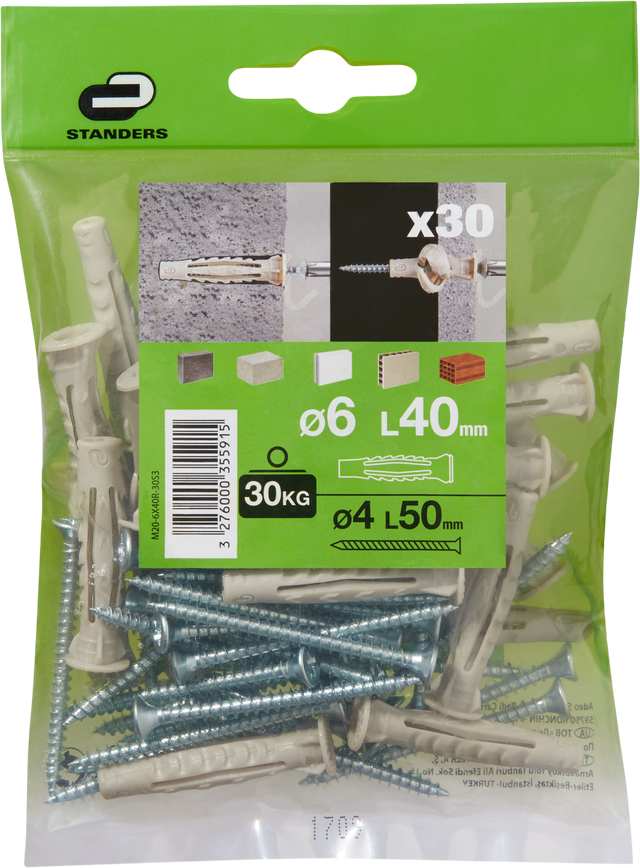 30 tacos + tornillos multimaterial STANDERS, ø 6 x L. 40 mm