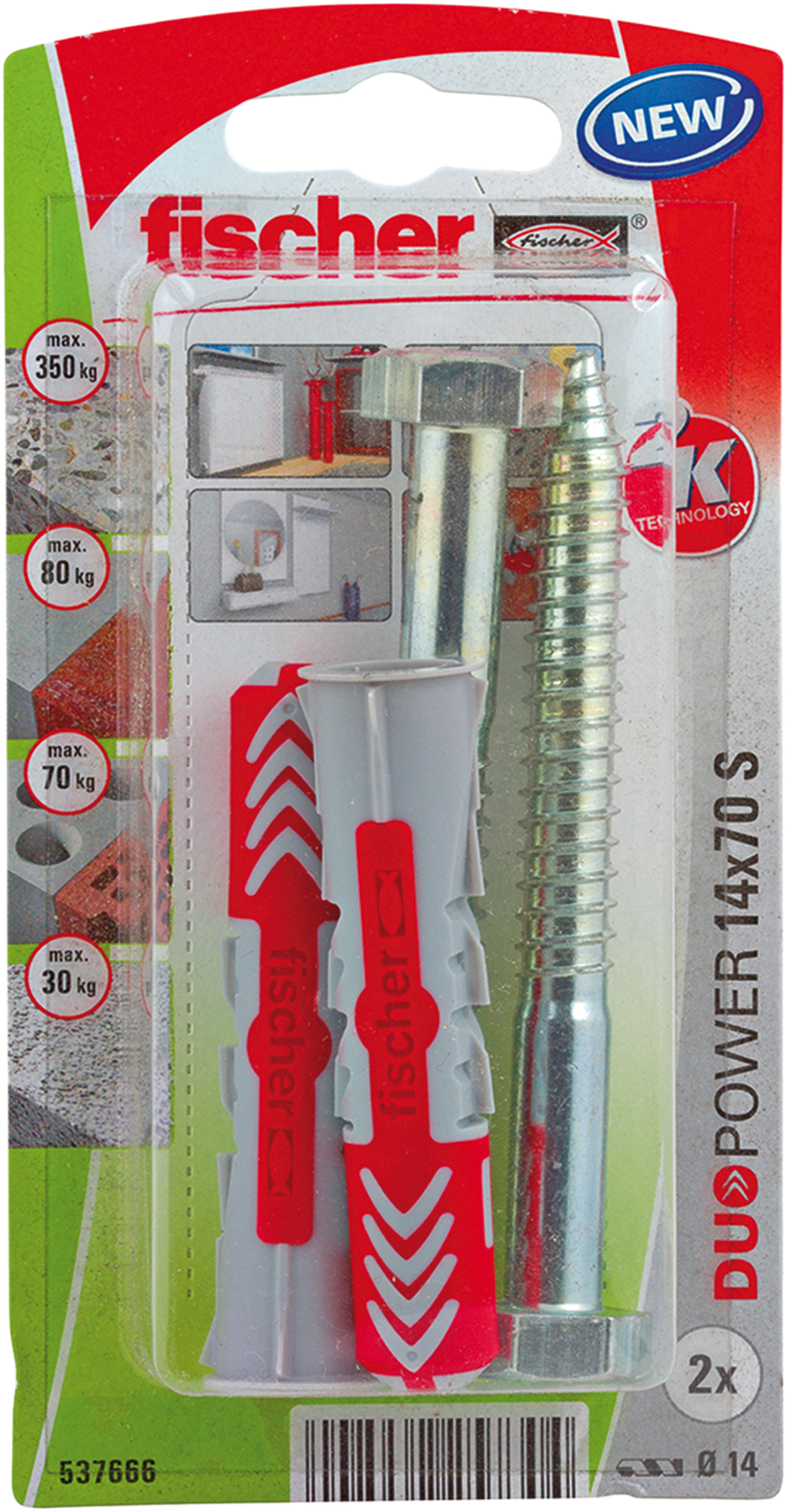 2 tacos + tornillos multimaterial FISCHER DUOPOWER , ø 14 x L. 70 mm - 3