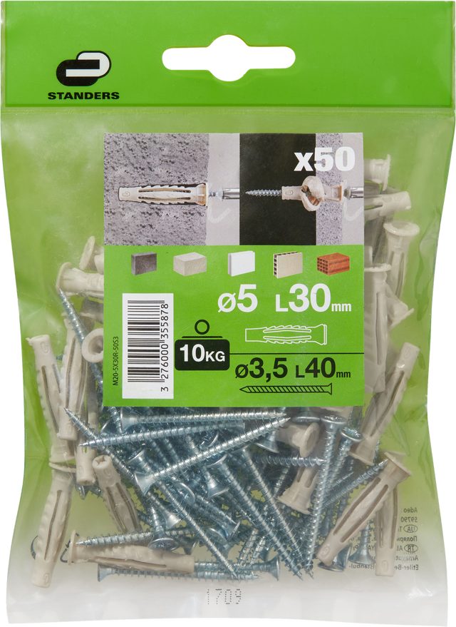50 tacos + tornillos multimaterial STANDERS, ø 5 x L. 30 mm