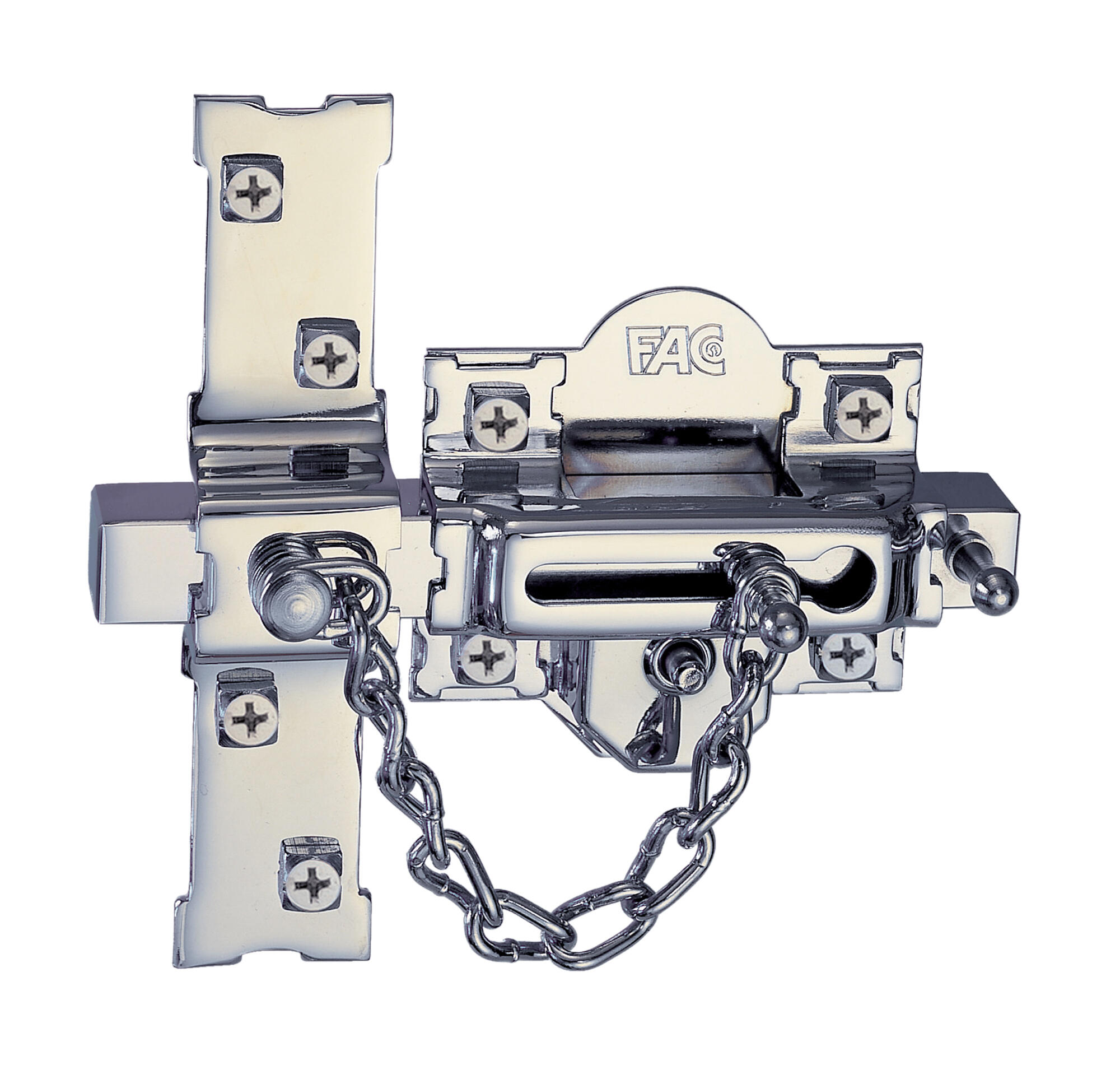 Cerrojo de seguridad fac 307r/90 y cadena llave-botón de 80 mm ancho niquelado