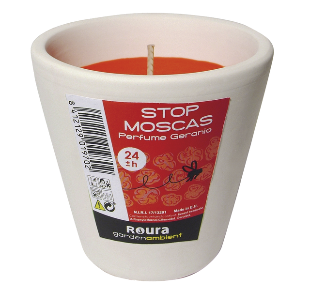 Vela geranio anti moscas en maceta terracota blanca 8x8,2 cm, cera roja