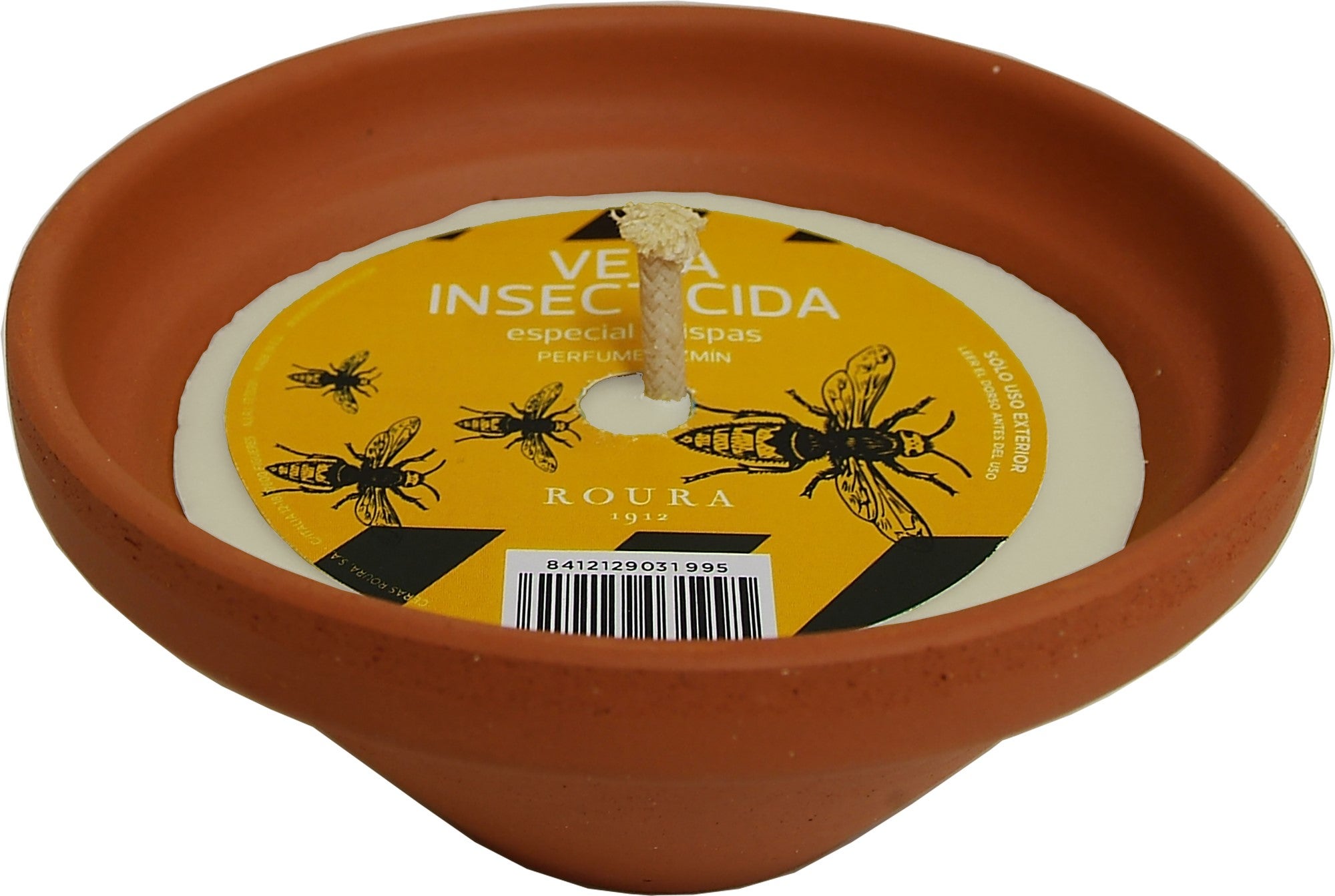 Vela especial avispas vasija terracota 7x15,5 cm exterior, cera blanca