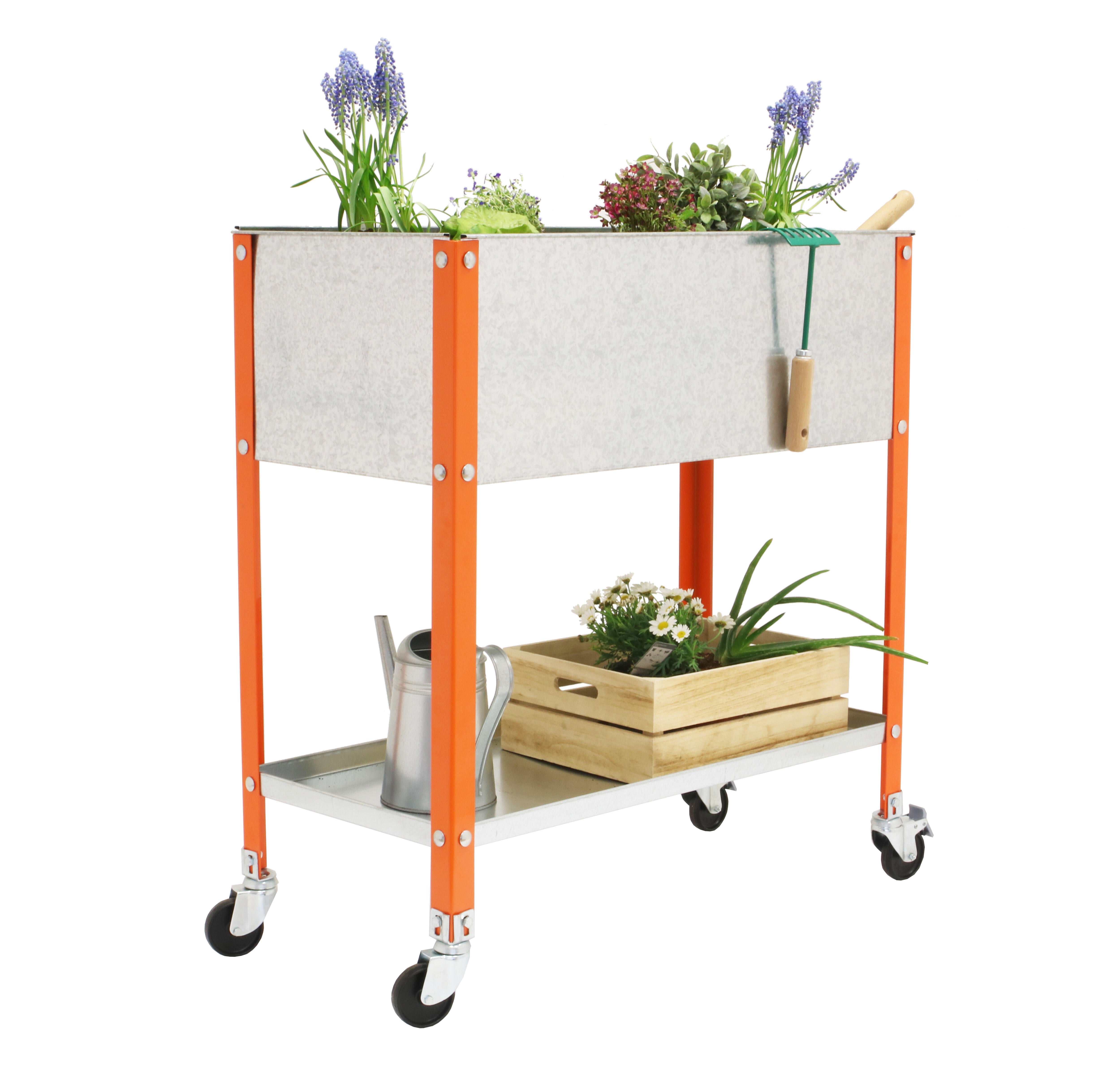 Huerto urbano alto de acero naranja con ruedas 120x40 cm