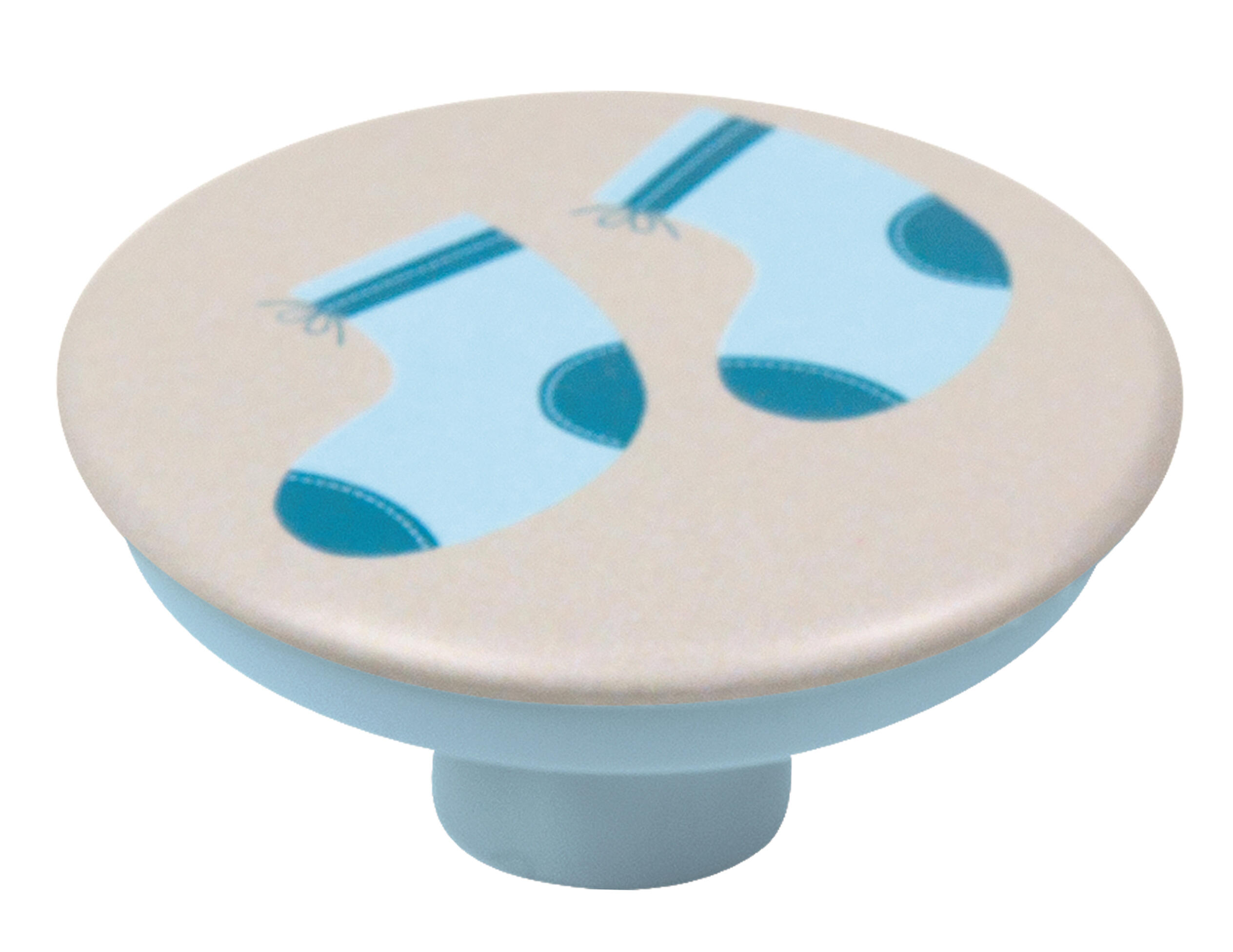 Pomo de mueble con serigrafía de calcetines azules.