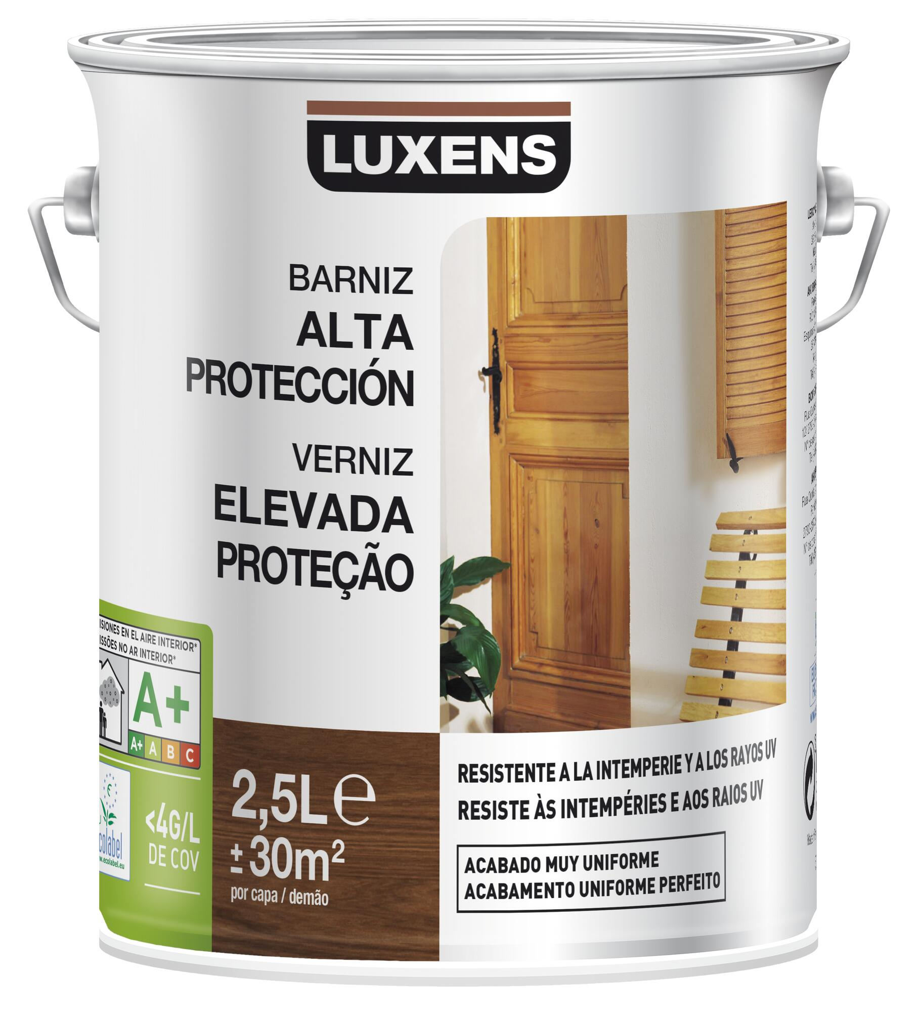 Barniz de madera de exterior color roble para ventana, puerta, persiana, mobiliario luxens brillante 2.5l base agua