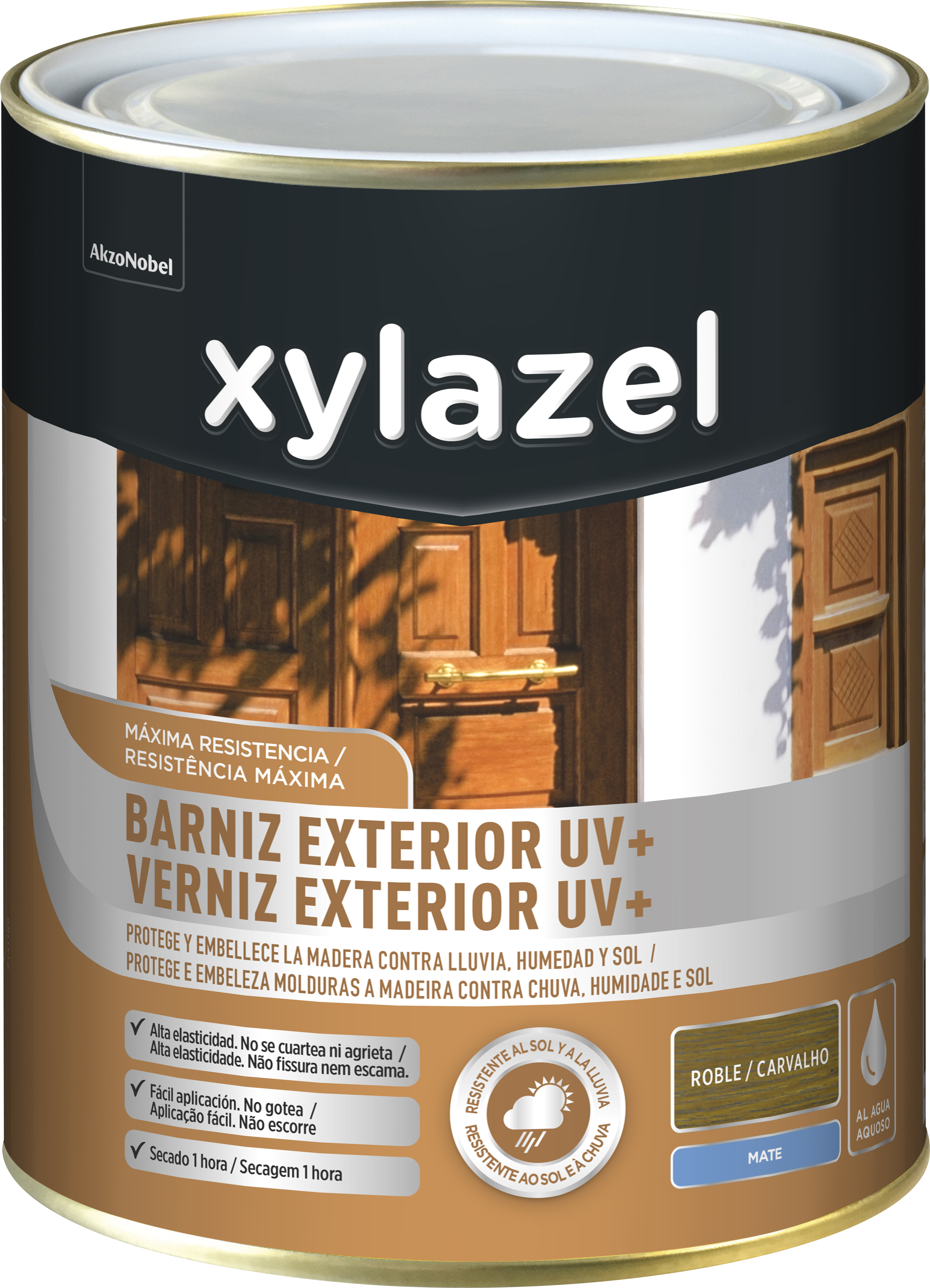 Barniz de madera de exterior color roble para ventana, puerta, persiana, valla, mobiliario, cancela xylazel mate 2.5l base agua