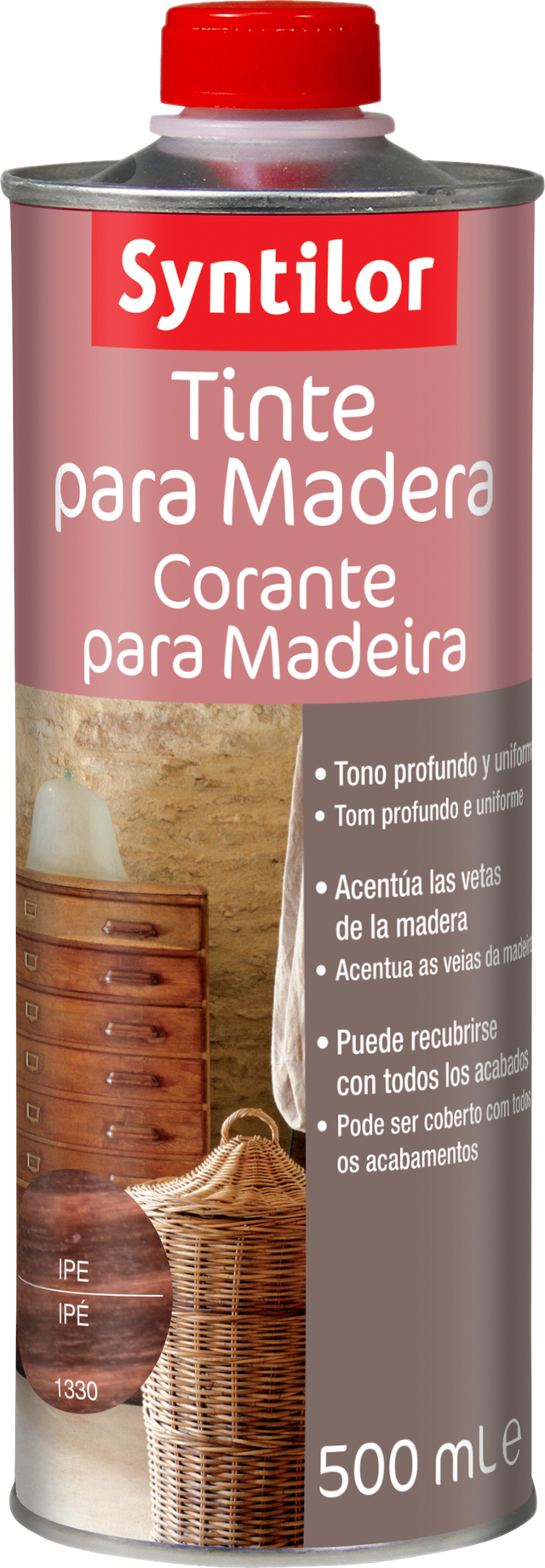 Tinte de madera interior SYNTILOR en color nogal, acabado mate para mobiliario y puertas líquido de 500 ml. Base agua.