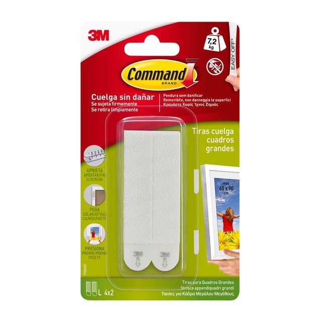 Pack de 4 tiras adhesivas grandes para colgar cuadros, hasta 7.2 kg, blanco