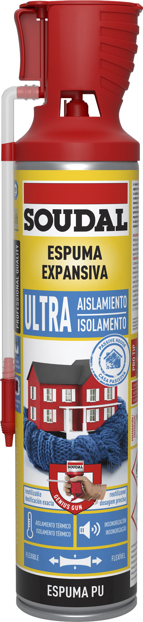 Espuma de poliuretano SOUDAL Genius Ultra 600 ml para puertas, ventanas y paredes en color gris. Tiempo de secado 20-25 minutos. Aplicación manual.