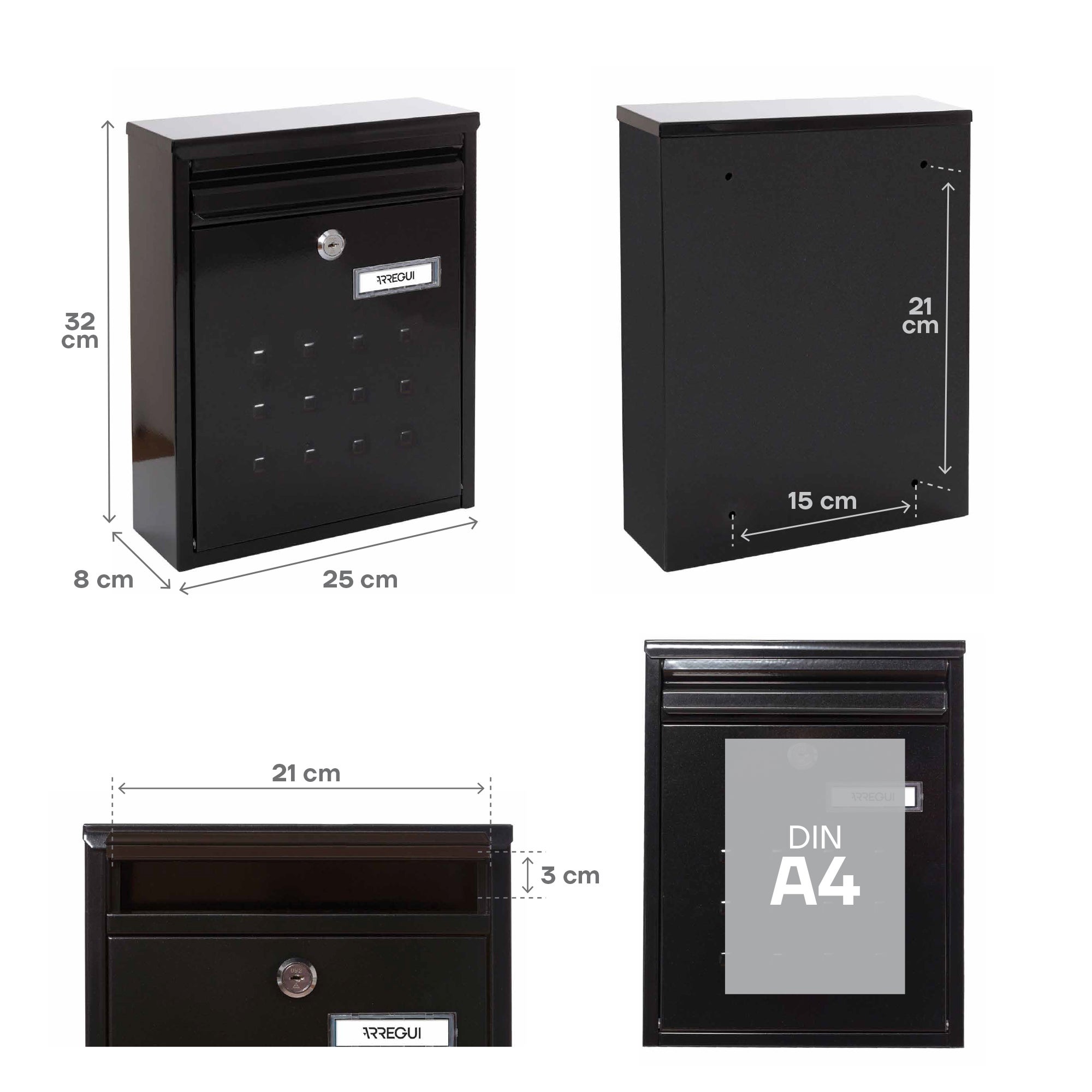 Buzón de correo de acero en negro de 32x25x8 cm - 5