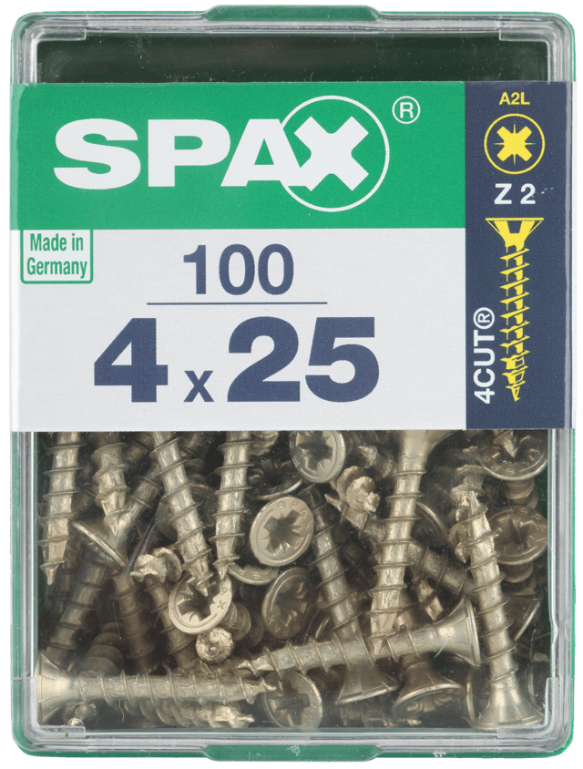 100 Tornillo para madera SPAX pozidriv con cabeza avellanada, ø 4 x L. 25 mm