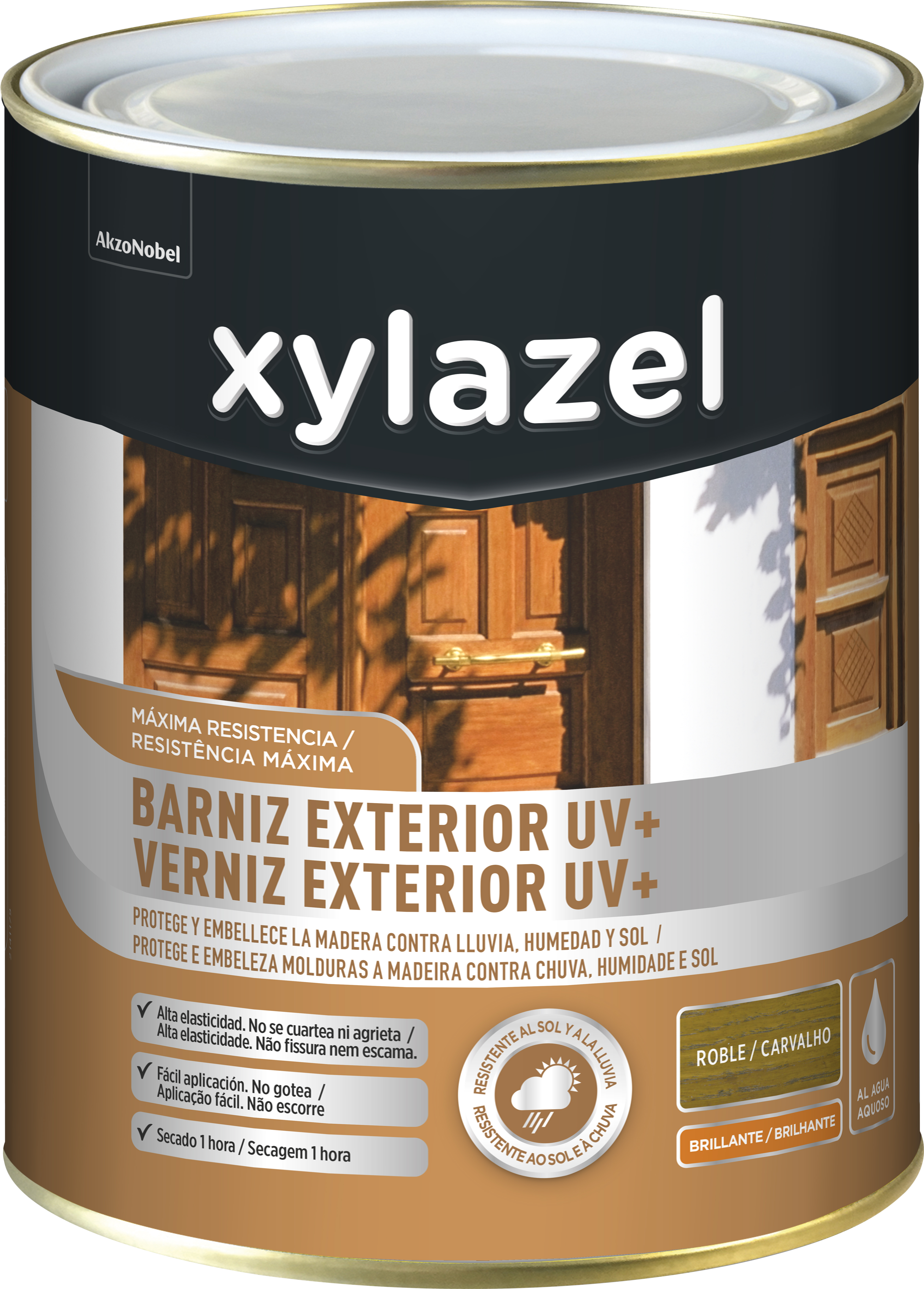 Barniz de madera de exterior color roble para ventana, puerta, persiana, valla, mobiliario, cancela xylazel brillante 750 ml base agua