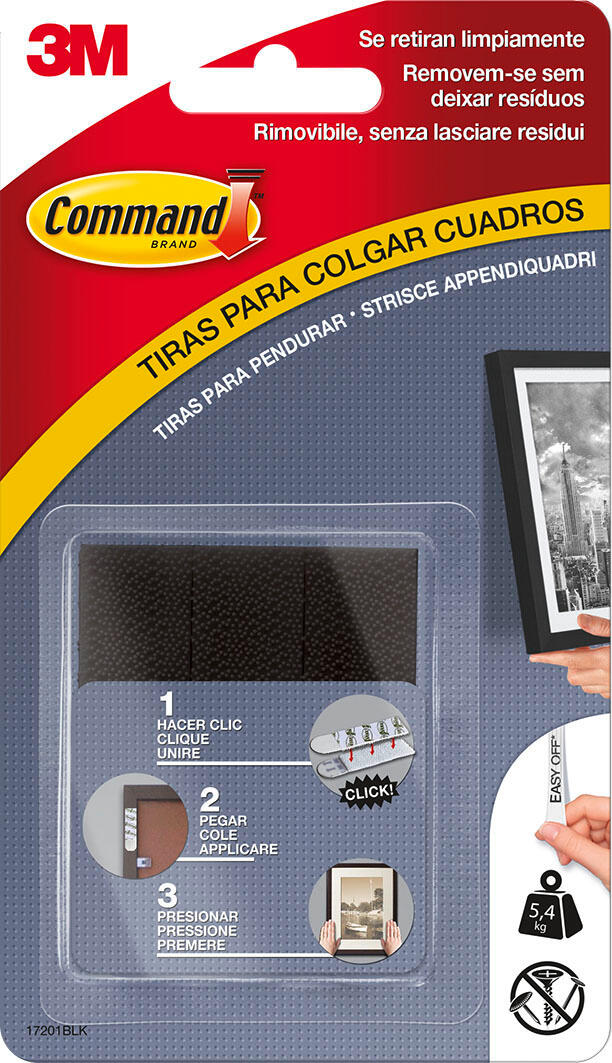 Pack de 4 tiras adhesivas para colgar cuadros medianas, hasta 5.4 kg, negro