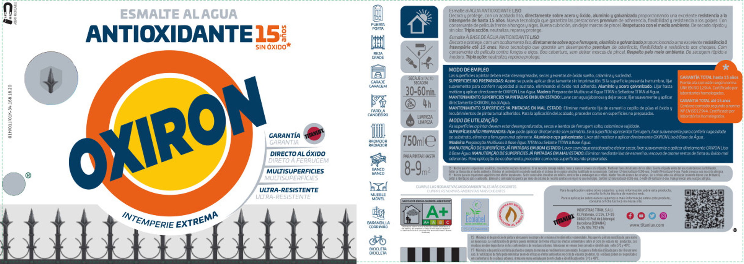 Pintura exterior color gris acero para acero inoxidable, mobiliario de jardín OXIRON brillante 750ml base agua aplicación directa sobre el óxido - 8