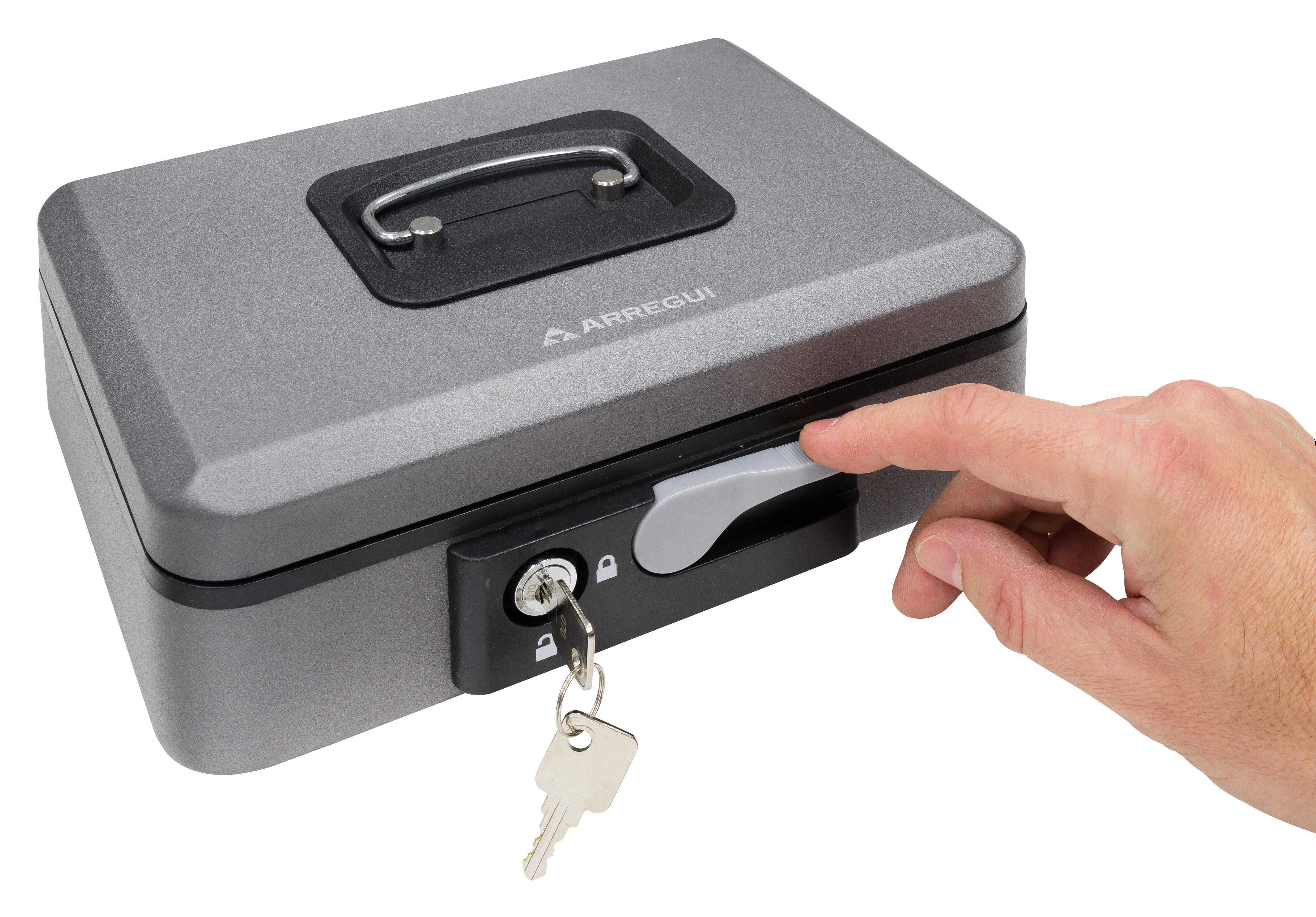 Caja de caudales en acero gris / plata de 25x9x18 cm
