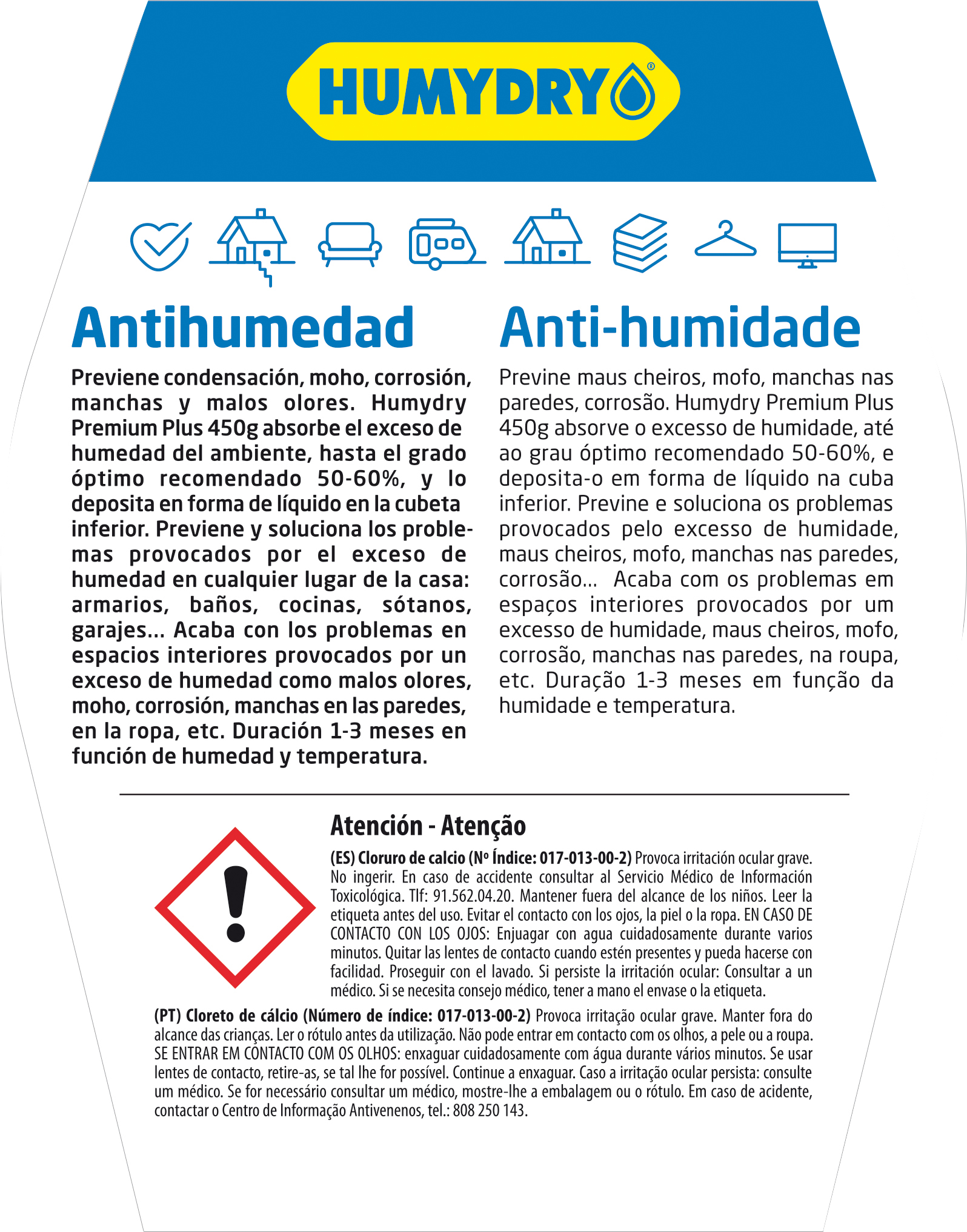 Kit de absorción de humedad  HUMYDRY 450 gr para uso en estancia hasta 15m2. Perfume neutro. 3 recargas en bolsa. Sistema anti vuelco. 18.4 x 15.9 x 18.4 cm. Vida útil 4 semanas. - 3