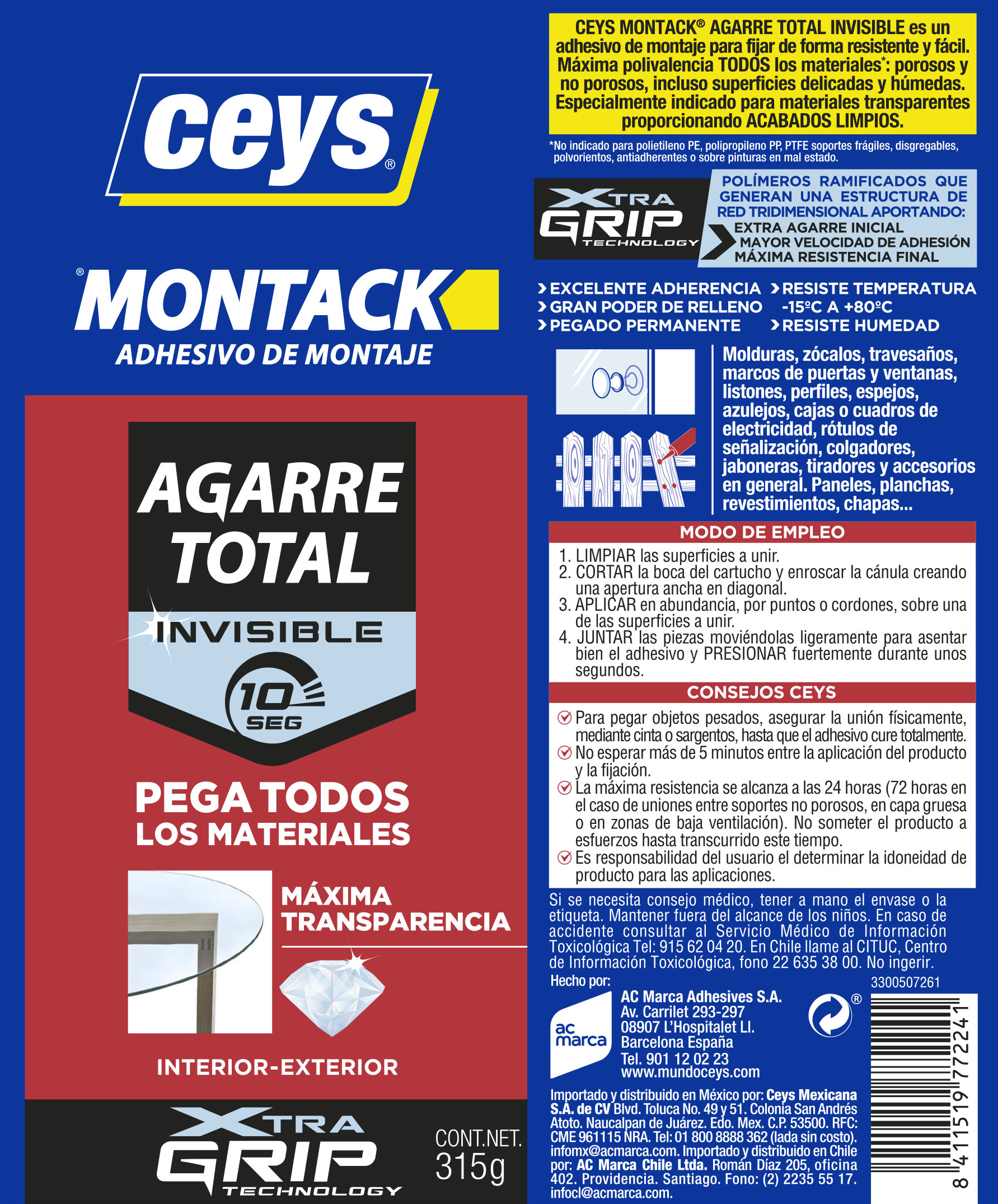 Adhesivo de montaje CEYS Montack 315 gr transparente para hormigón, cerámica, vidrio, aplicación con pistola, resiste a las torsiones, compatible con humedad. Para fijar un material a una superficie. - 5