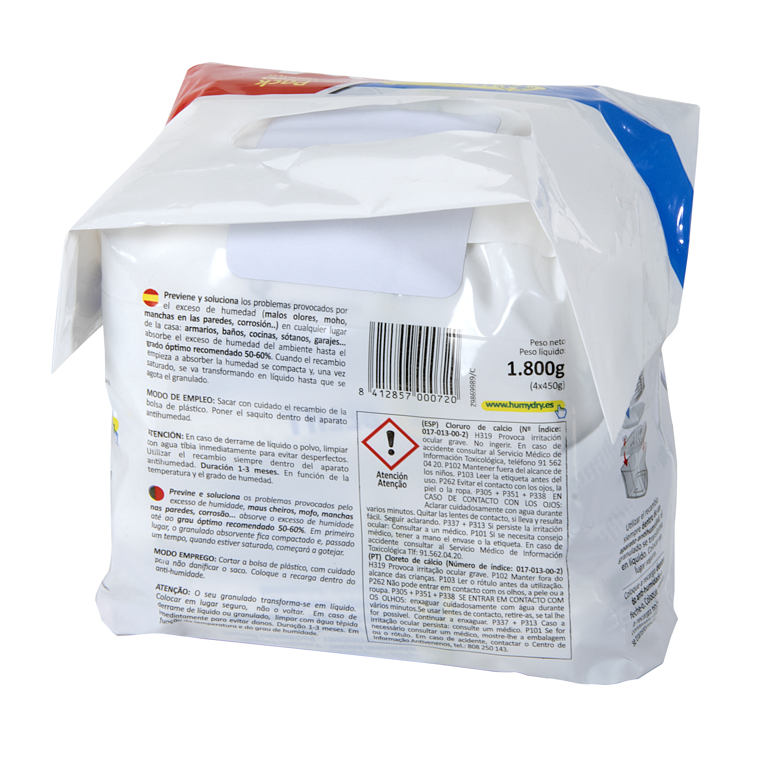 Recambio de absorbe humedad  HUMYDRY 1800 gr para uso en estancia hasta 15m2. Perfume Neutro. 1 recarga en bolsa. Vida útil 4 semanas. - 3