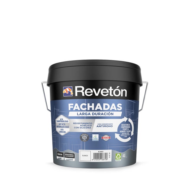 Pintura exterior color blanco para fachada, cemento, hormigón REVETÓN mate 4L base agua antigoteo