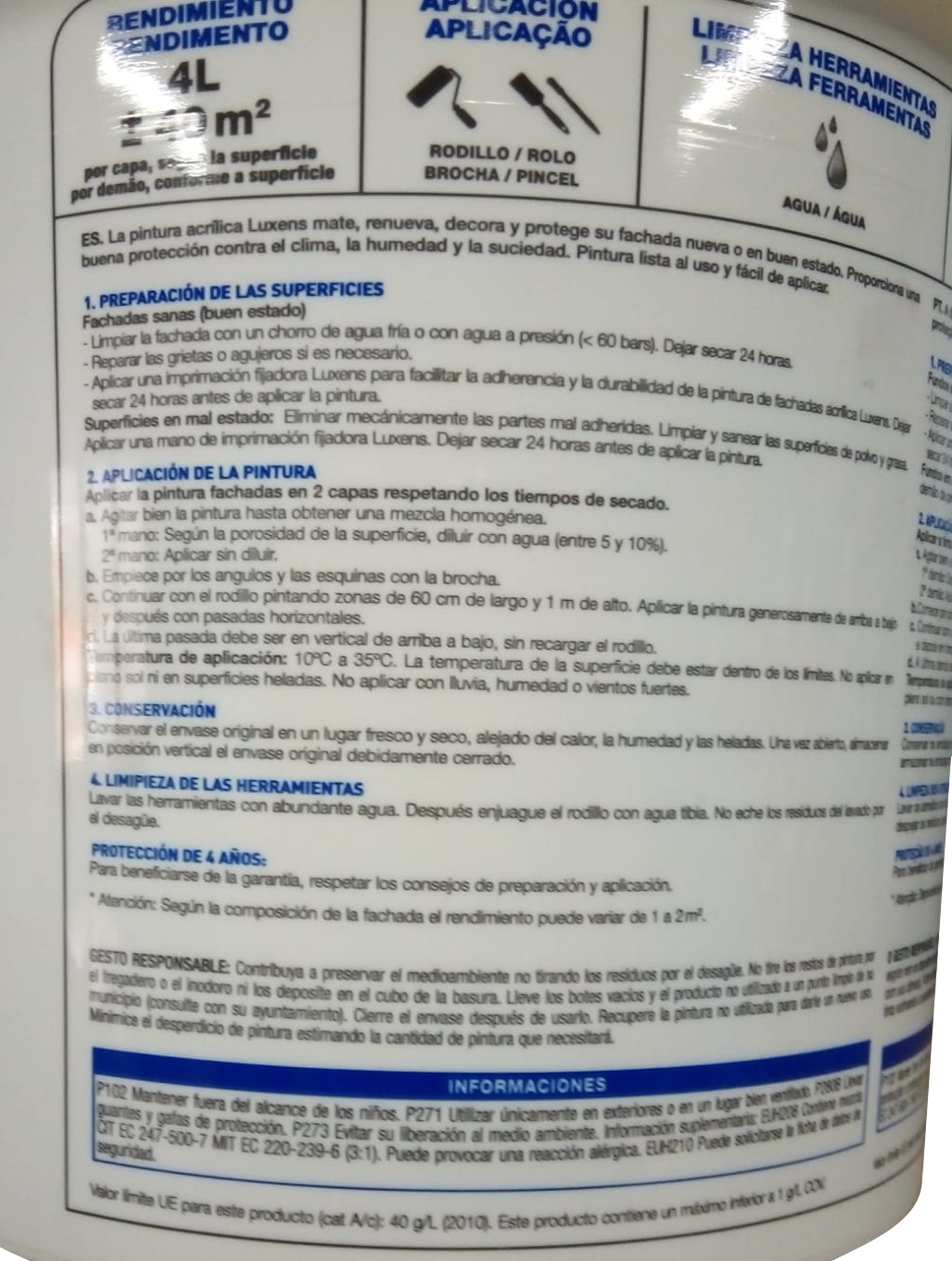 Tinta exterior LUXENS MATE 6 ANOS 15L BRANCO - 8