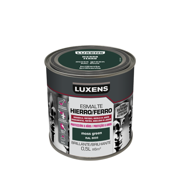 Esmalte exterior para ferro brilhante 0,5L Green Moss 8 anos Luxens