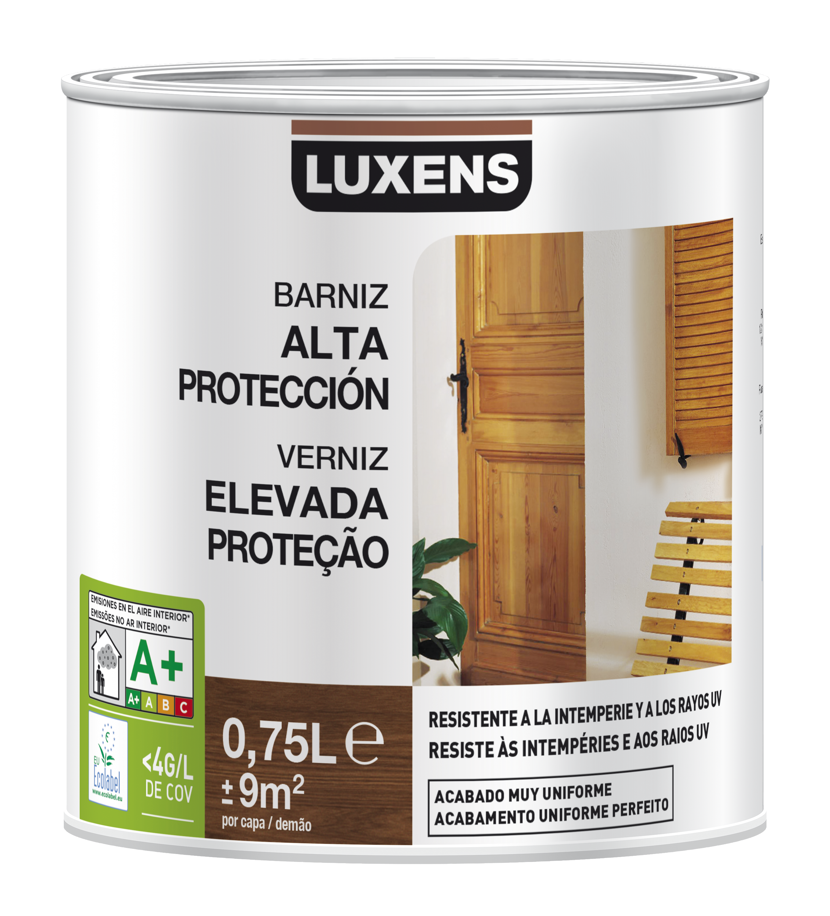Barniz de madera de exterior color teca para ventana, puerta, persiana, mobiliario luxens brillante 750 ml base agua