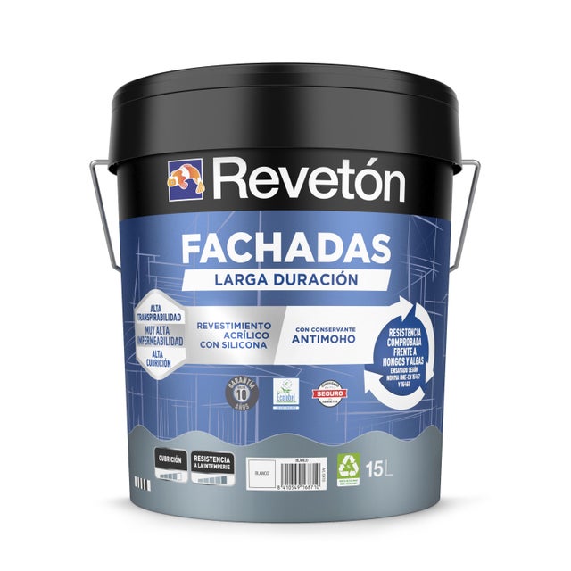 Pintura exterior color blanco para fachada, cemento, hormigón REVETÓN mate 15L base agua antigoteo