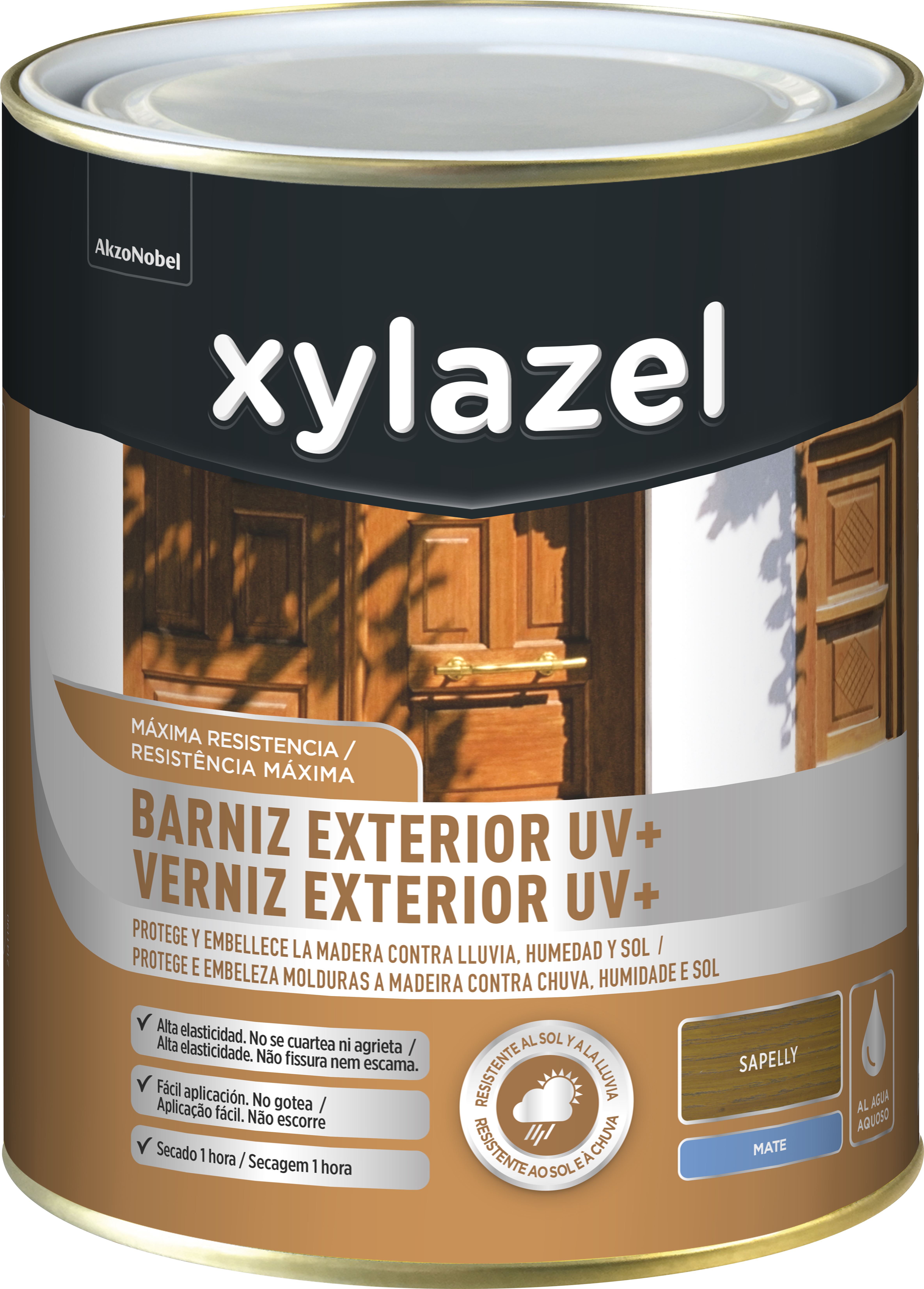 Barniz de madera de exterior color sapelly para ventana, puerta, persiana, valla, mobiliario, cancela xylazel mate 750 ml base agua