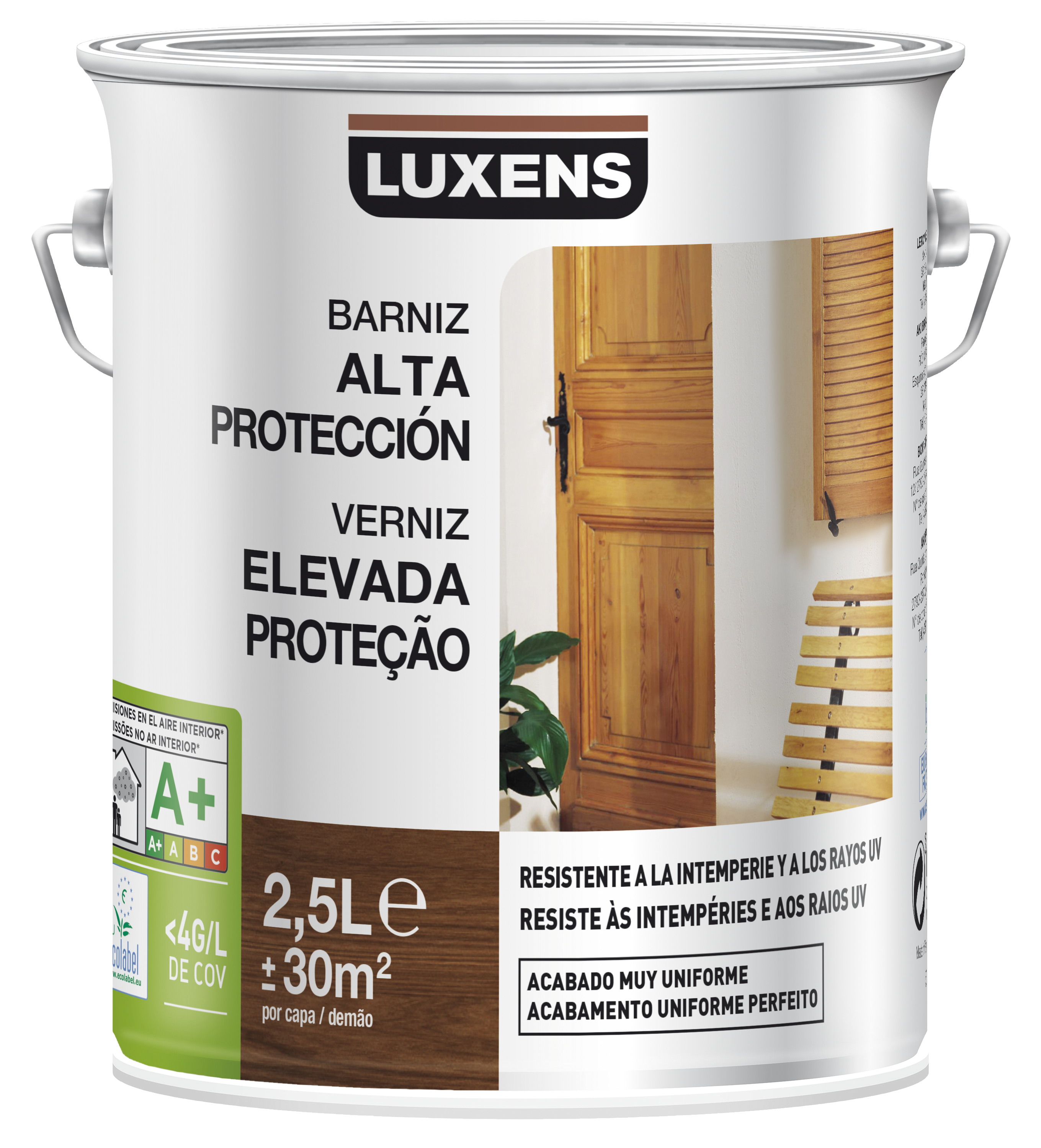 Barniz de madera de exterior color incoloro para ventana, puerta, persiana, mobiliario luxens brillante 2.5l base agua