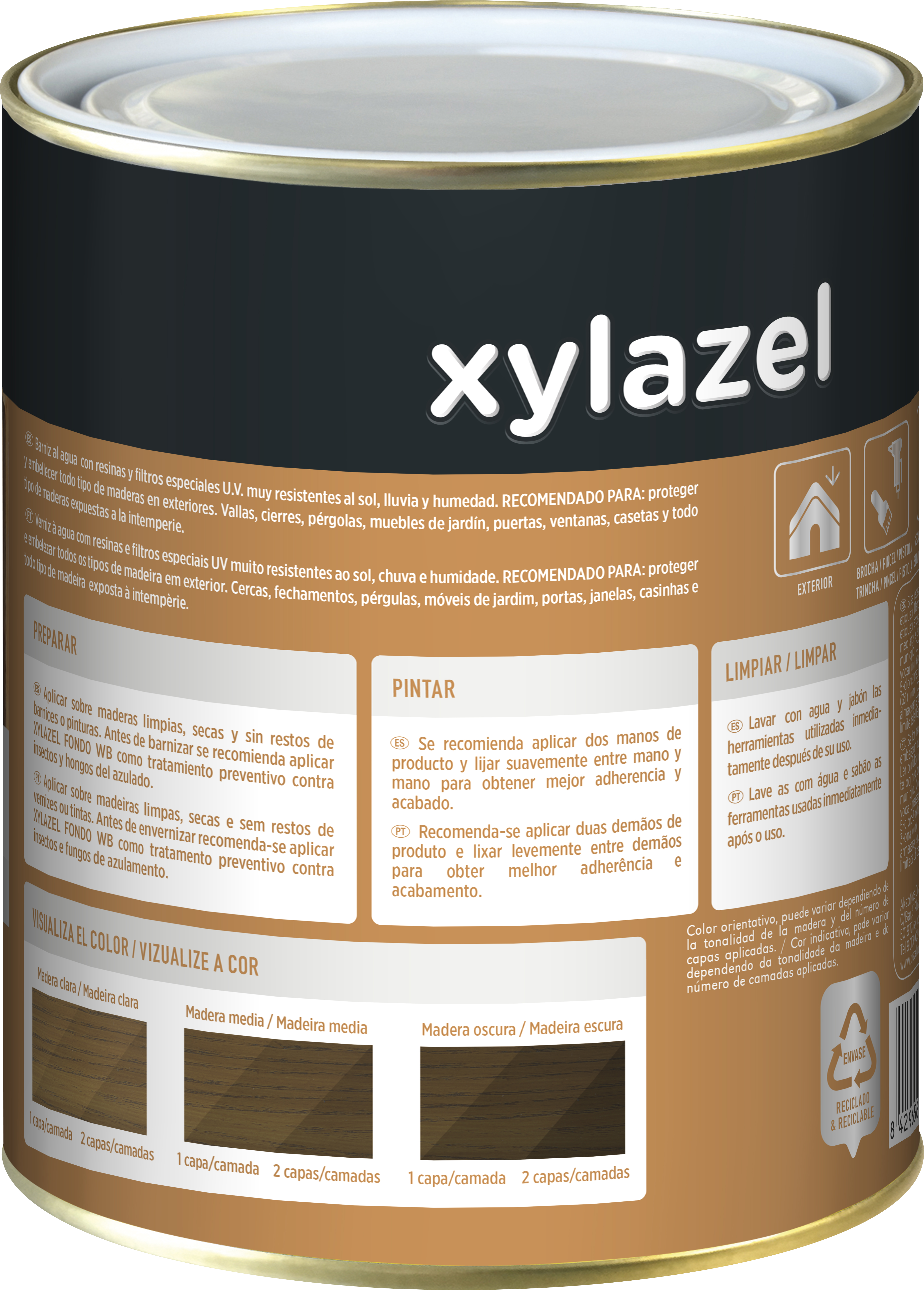 Barniz de madera de exterior color nogal para ventana, puerta, persiana, valla, mobiliario, cancela XYLAZEL mate 2.5L base agua - 10